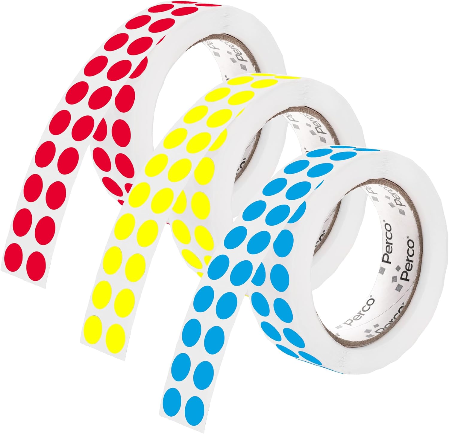 Variety 1/2-Inch Perco Perforated Round Dot Stickers—Assorted Colors (Red, Yellow, Blue) with Permanent Adhesive for Color Coding, Calendars, Crafting & More—Made in USA—3 Rolls, 9,000 Circle Stickers