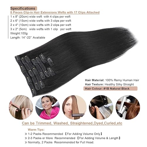 Miniatura 4 de Extensiones de cabello humano real con clip de doble trama de 14 pulgadas, 8 unidades, 3.53 oz (3.53 oz), lacio y sedoso, extensiones de cabello