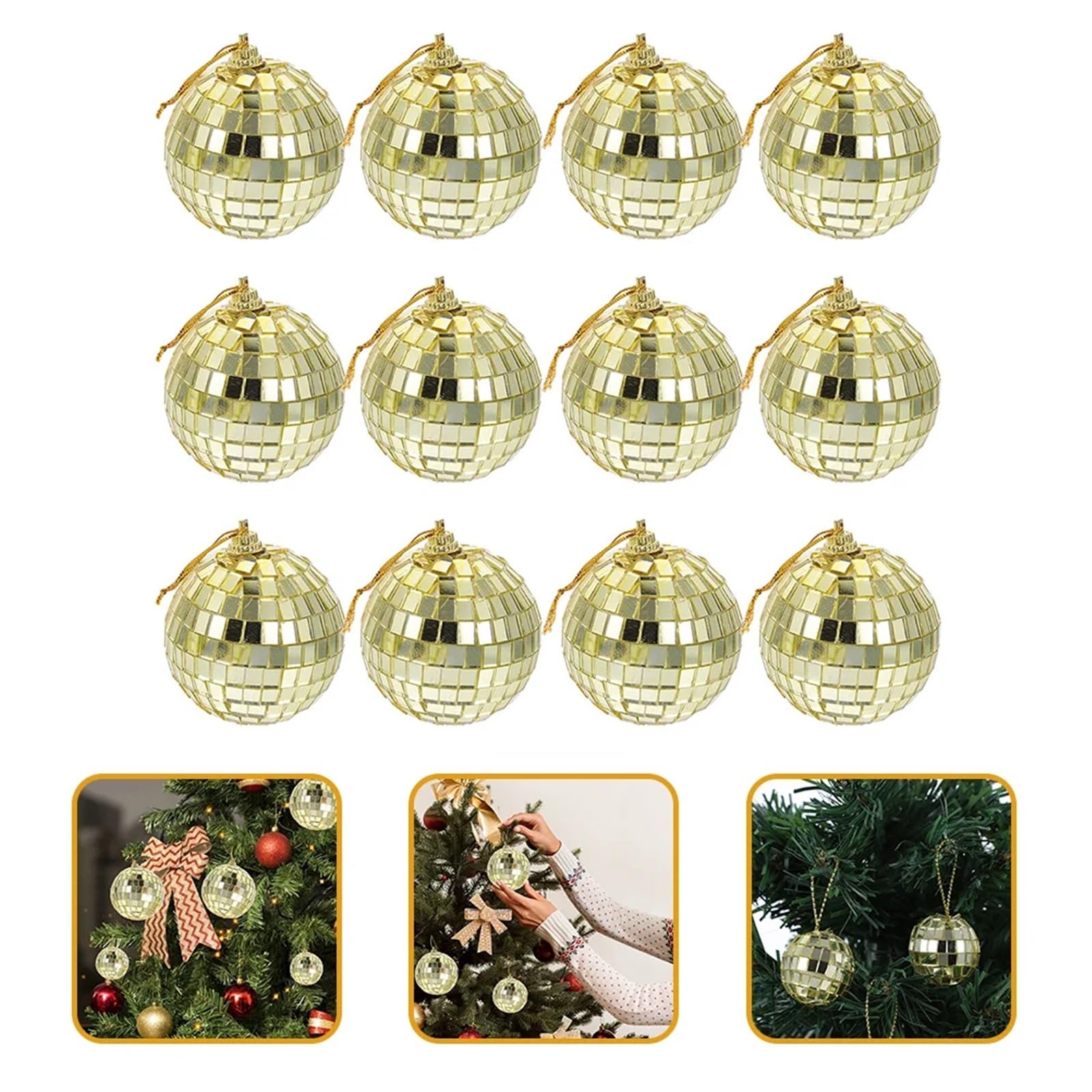 12 Uds Bola de Discoteca decoración Bolas Adornos Espejo Dorado Colgante de Discoteca para Boda, CumpleañOs Y DecoracióN Luminosa De Fie
