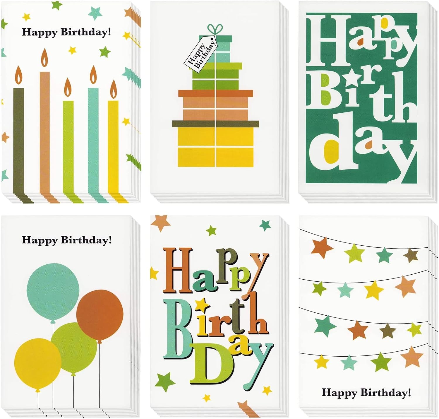 Juvale 48 Pack Assorted Blank Happy Birthday Cards Bulk with Envelopes, Greeting Cards with 6 Colorful Designs for Men, Women, Kids, Family, Friends, Business (4x6 In)