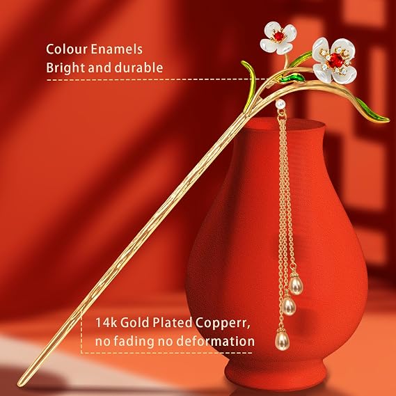 Hair Accessories,14k Gold Plated Copper, Vintage Handcrafted, Colour Enamels Cubic Zirconia Jasmine Pearl Tassels Hair Stick,Hair Clip. 7.28 Hair Chopsticks For Women