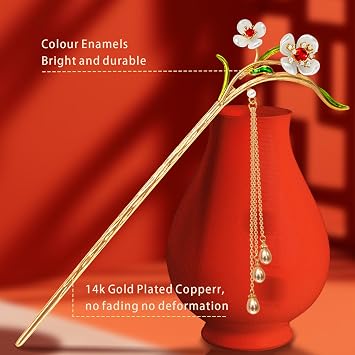 Hair Accessories,14k Gold Plated Copper, Vintage Handcrafted, Colour Enamels Cubic Zirconia Jasmine Pearl Tassels Hair Stick,Hair Clip. 7.28 Hair Chopsticks For Women