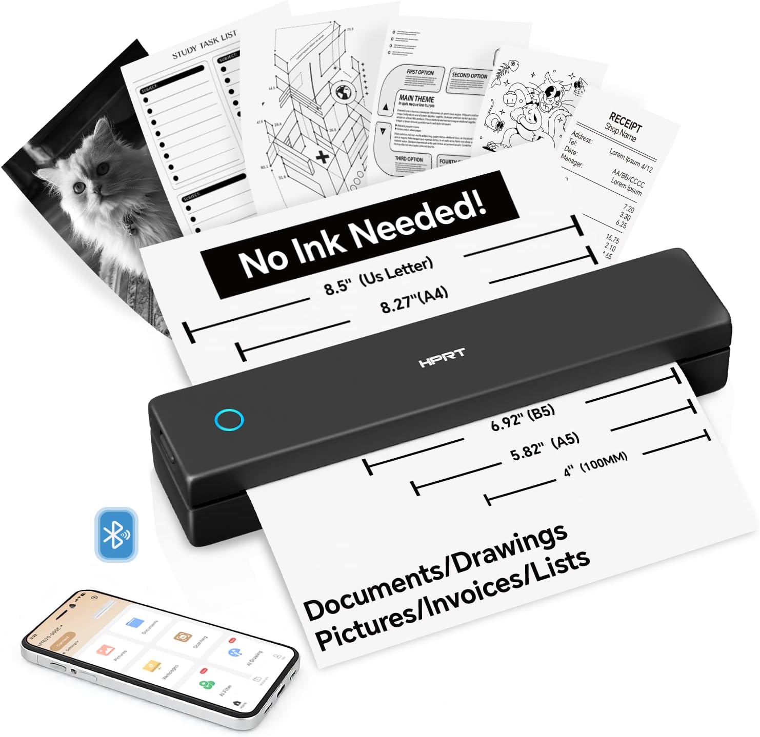 HPRT MT620 Portable Thermal Printer - Inkless Printer, Supports Regular Paper & Labels, Multi-User Bluetooth & Auto Paper Feed, Compatible with iOS/Android/Laptop for Home/School/Travel (Black)