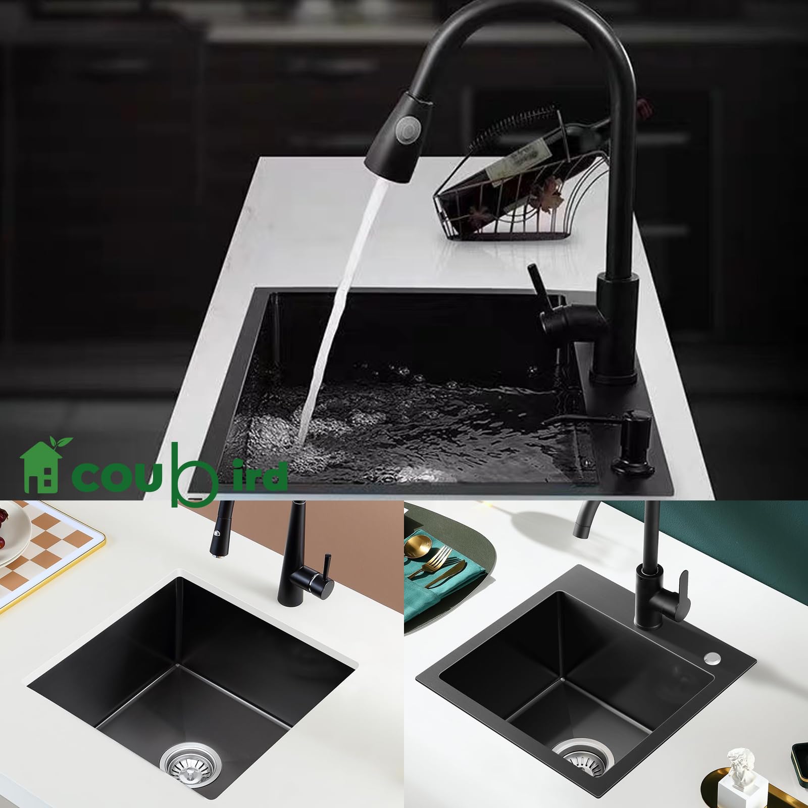 Lavello da cucina in acciaio inox nero con montaggio sotto piano di lavoro piccolo lavello da cucina con accessori per scolapiatti, adatto per cucine, roulotte, bar e ripostiglio