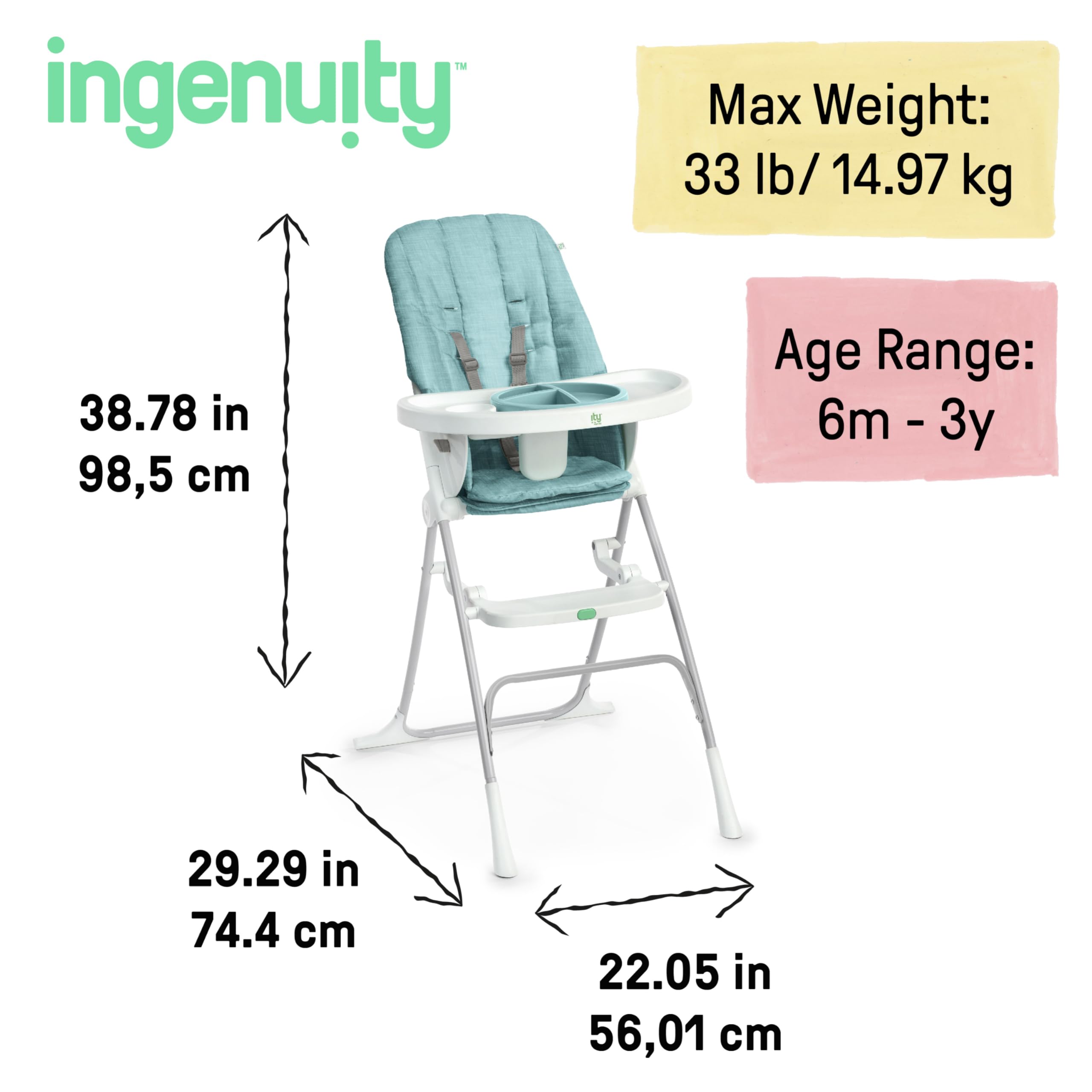 Ingenuity: ity by Ingenuity, Chaise Haute Pliable Compacte Sun Valley, Assiette Sûre Alimentaire, Harnais 5 Points, Dès 6 Mois, Unisexe - Turquoise