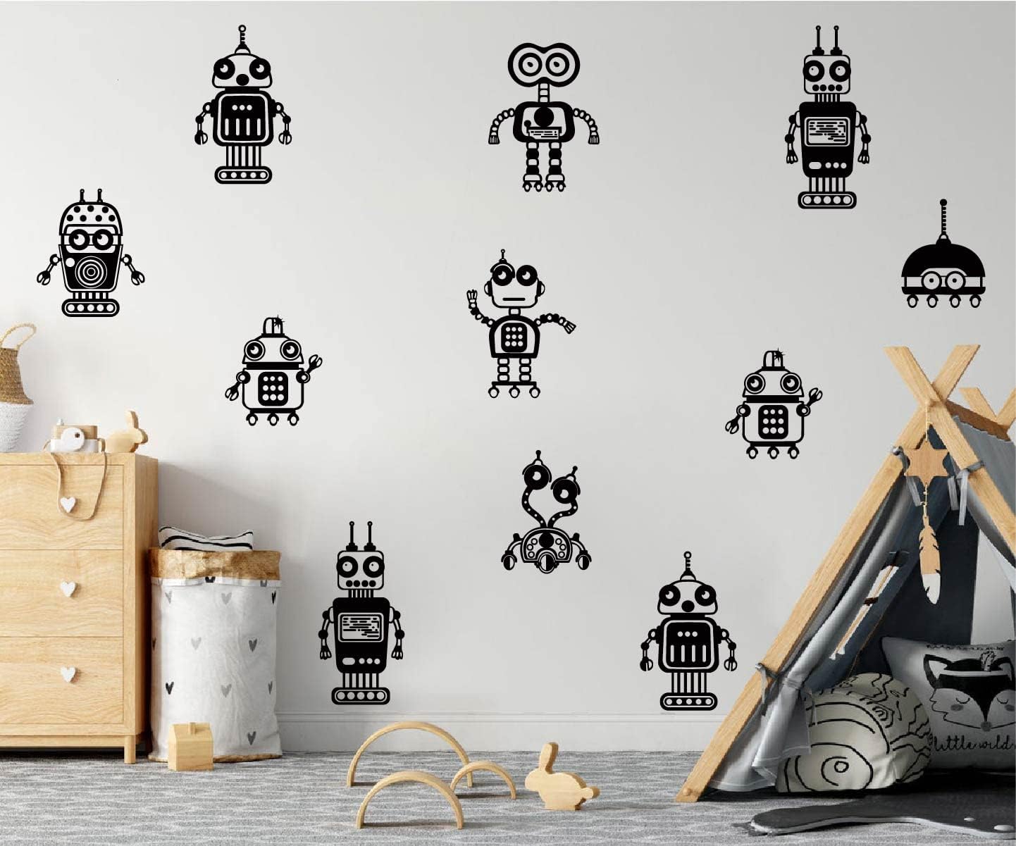 8 Robots Wall Decals for Kids Room Boys Bedroom Decor Geometric Wall Stickers Baby Room Decal Murals BB675 (Black)