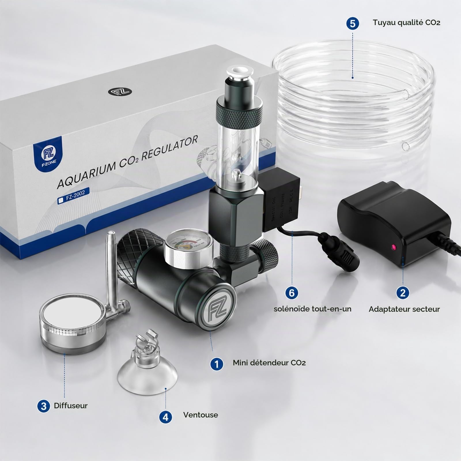 FZONE Kit Régulateur CO2 pour Aquarium (W21.8), Système CO2 Compact avec Diffuseur, Électrovanne DC Améliorée et Compteur de Bulles avec Clapet Anti-Retour, pour Système CO2 en Aquarium Planté