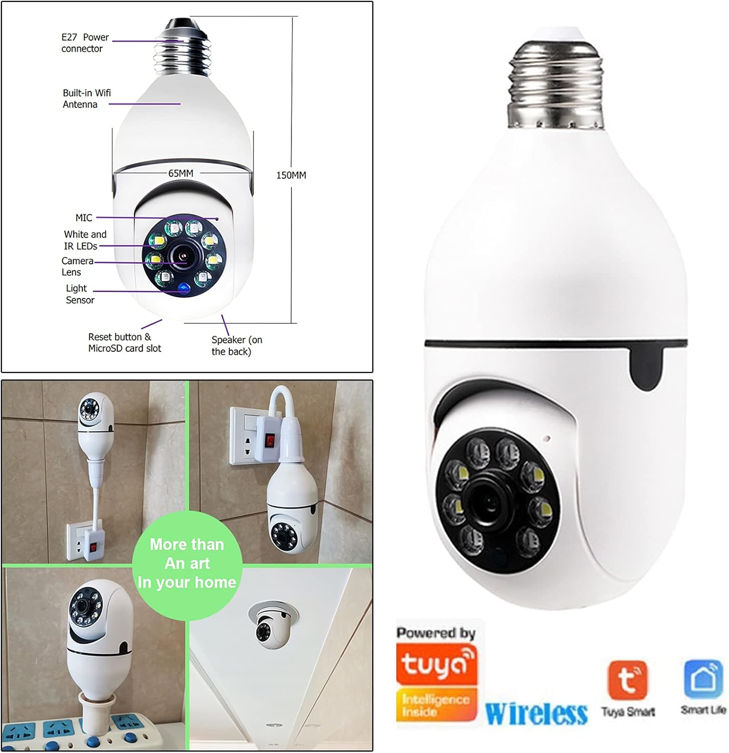 Home WiFi Camera Light Bulb IP Security Camera Wireless Night Network Surveillance Baby Monitor Dog Pet Camera Indoor 360 Eyes Night Vision Camera 1080P Home Security Camera/397