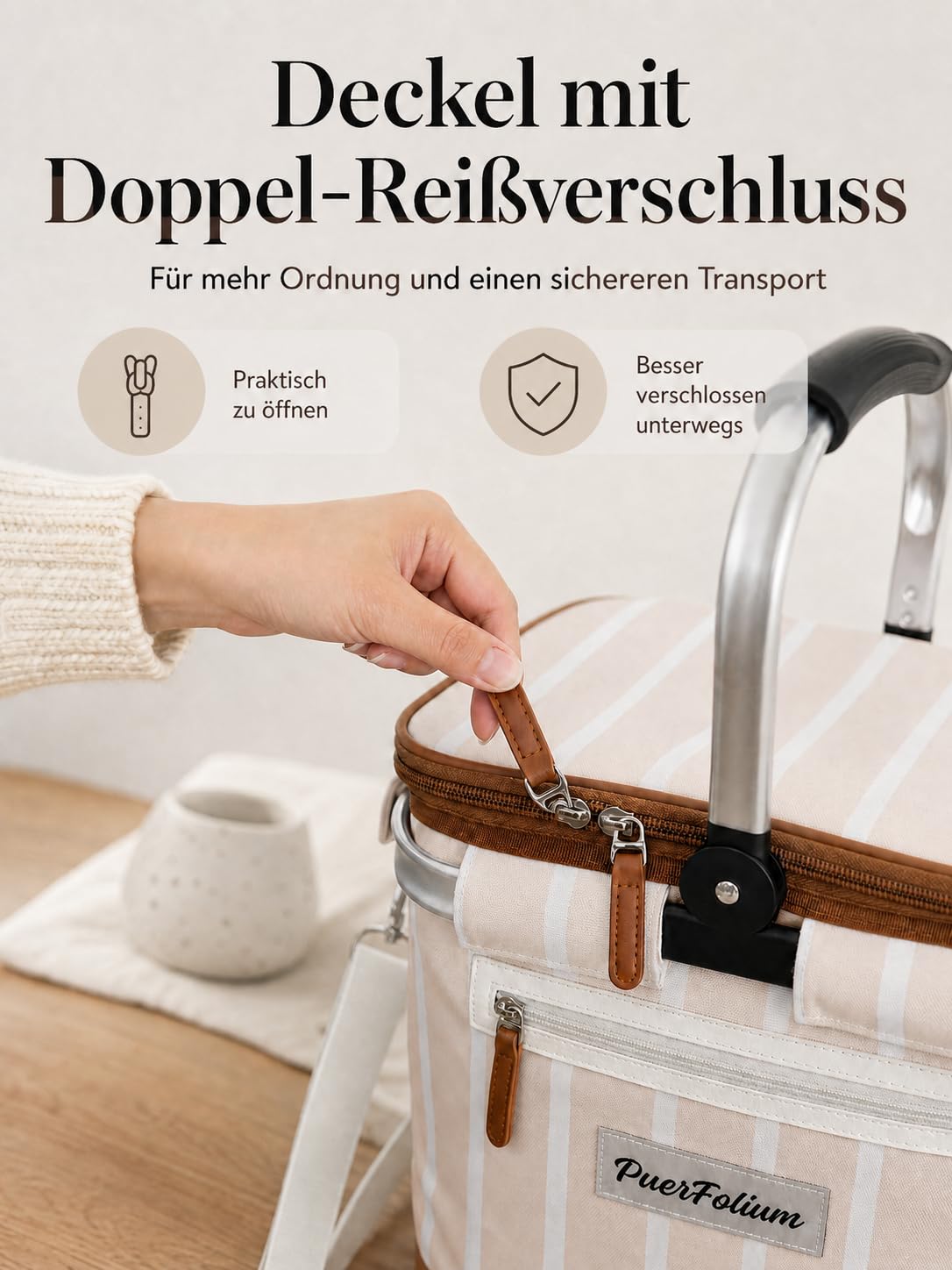 Kühltasche Einkaufskorb Kühlkorb 20L Faltbar Isoliert Thermo mit Deckel Reißverschluss Abnehmbarer Picknickkorb Aluminiumrahmen Thermokorb Schultergurt verstärkt für Einkauf Picknick Beige