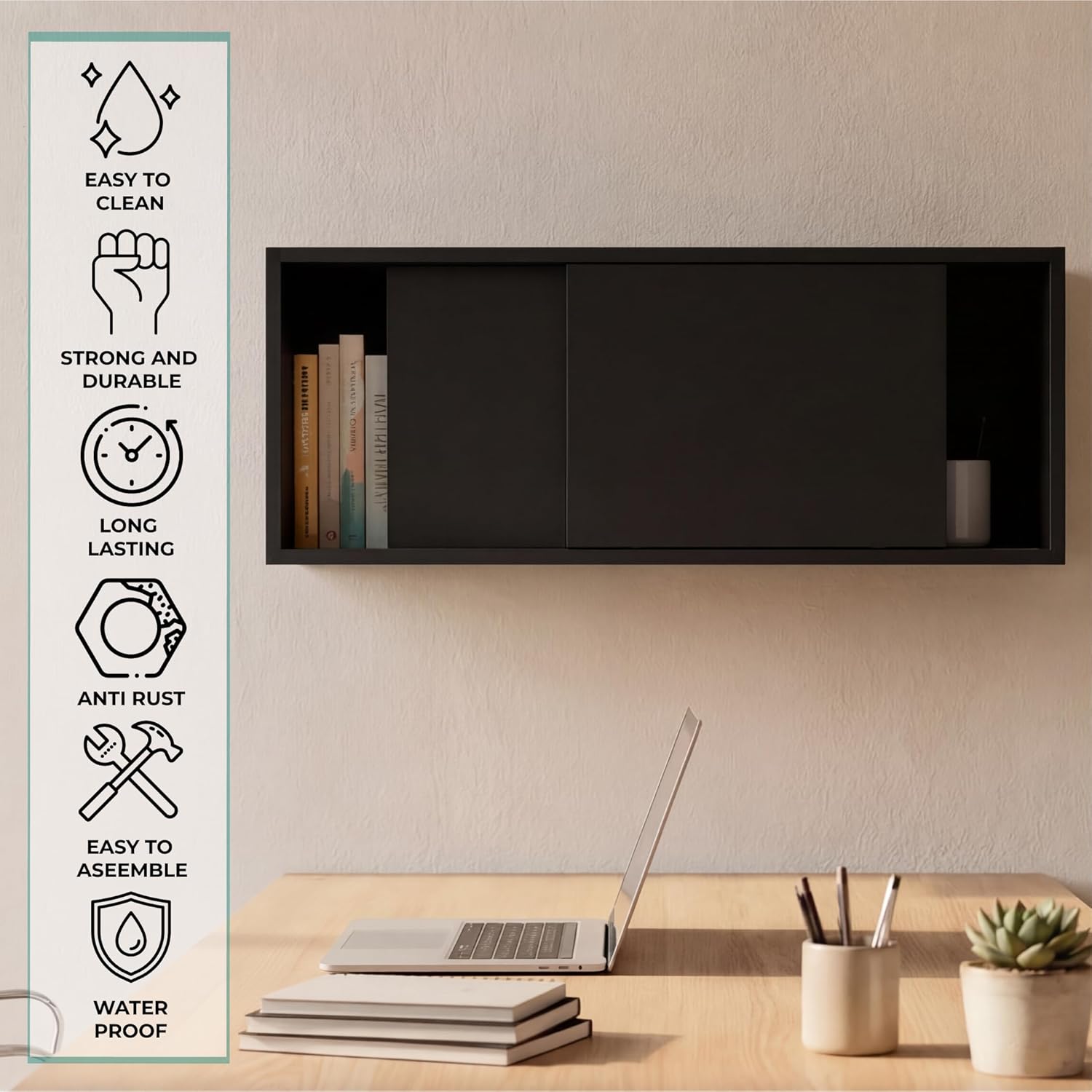 Tuhome Note 32-Inch Wide Wall Mounted Storage Cabinet with Sliding Doors, Compact Hanging Organizer for Bedroom, Living Room, Home Office & Garage | Wood Wall Cupboard, Space-Saving Storage Solution