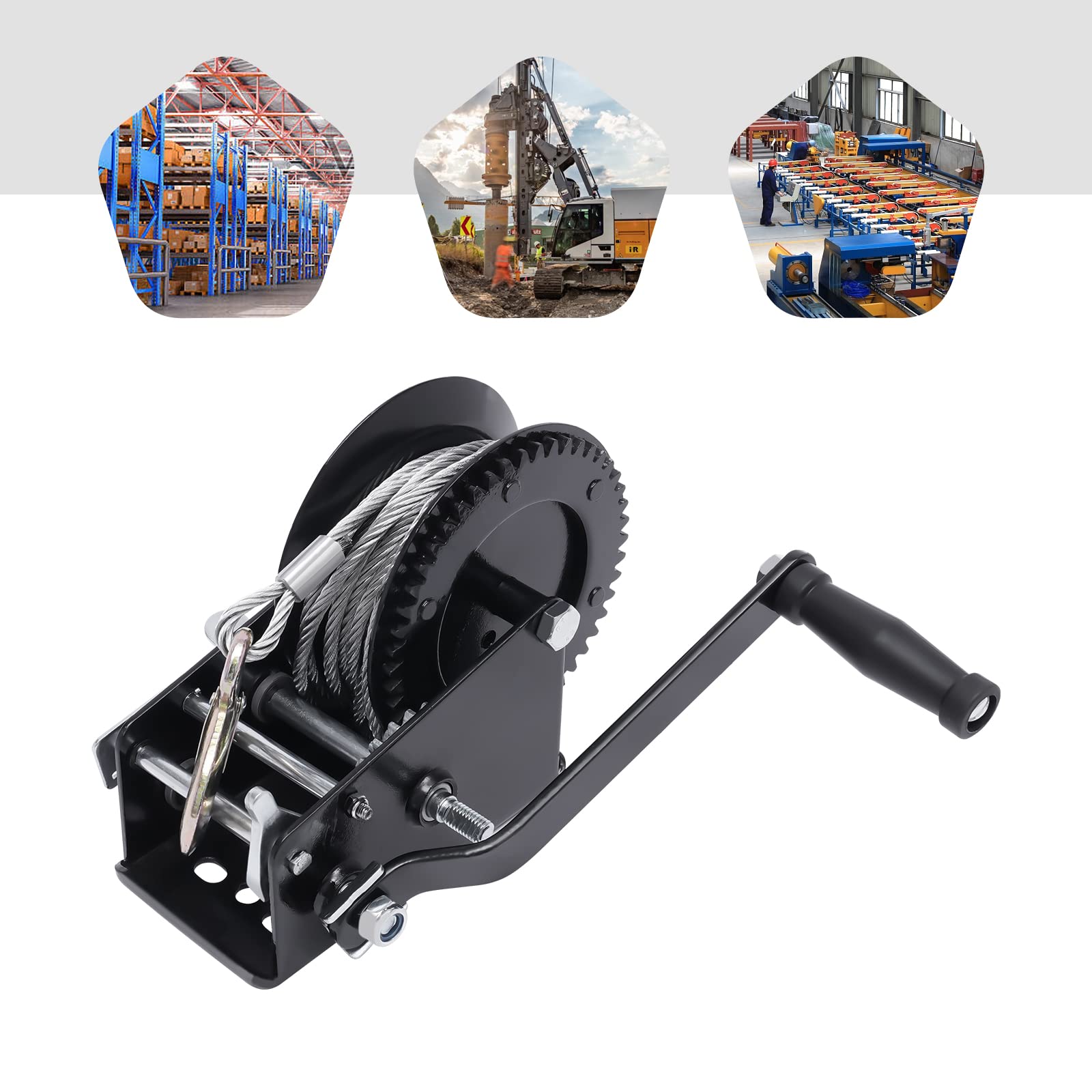 Cabrestante manual negro de 3500 kg, cabrestante manual con cuerda de alambre, cabrestante para barco, cabrestante de mano