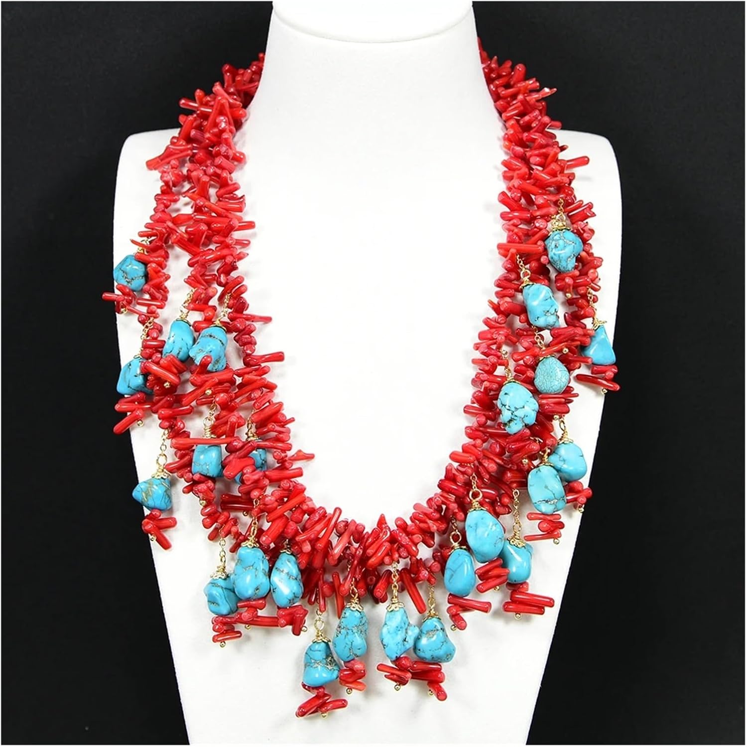 18'' 3 Strands Red Coral Chips Blue Pendant Necklace For Women