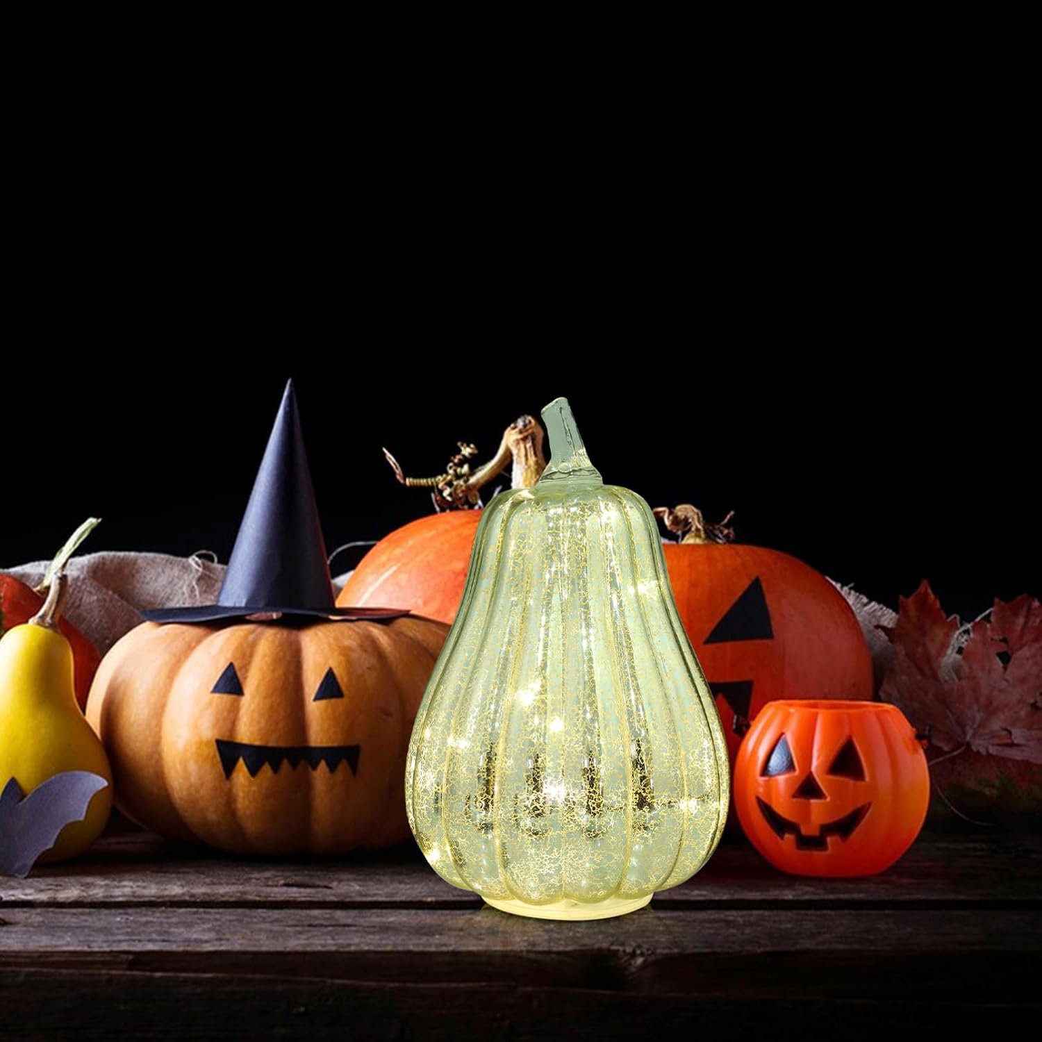 jojofuny Halloween Glass Pumpkin Lantern, LED Light Up Decorative Lamp, Silver, 7.48 x 5.78 Inch, Fall Halloween Thanksgiving Tabletop Party Decoration