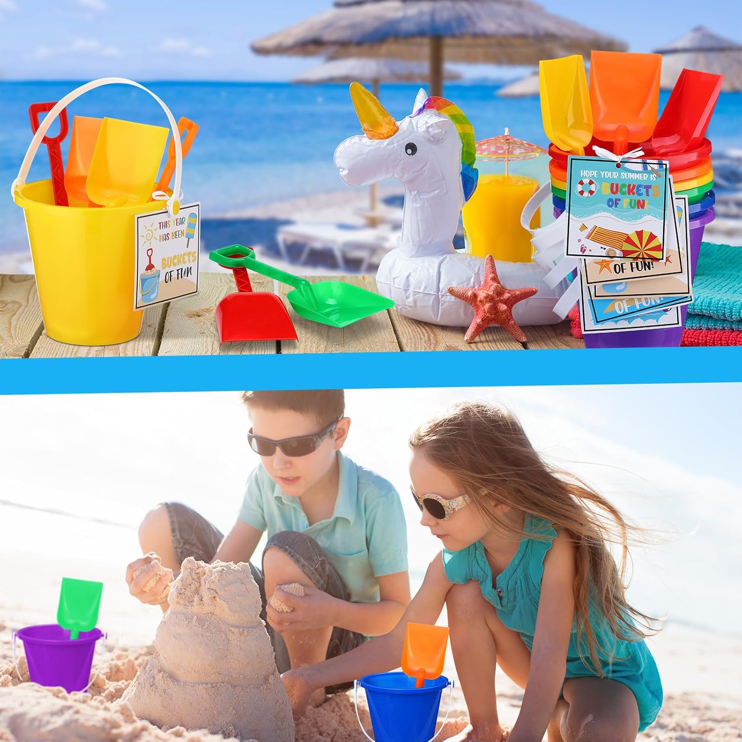 24 Sets End of the Year Gifts for Students 5'' Sand Beach Buckets with Gift Card, Include Sand Buckets Shovels Card for Kindergarten Graduation Summer Beach Party Supplies School