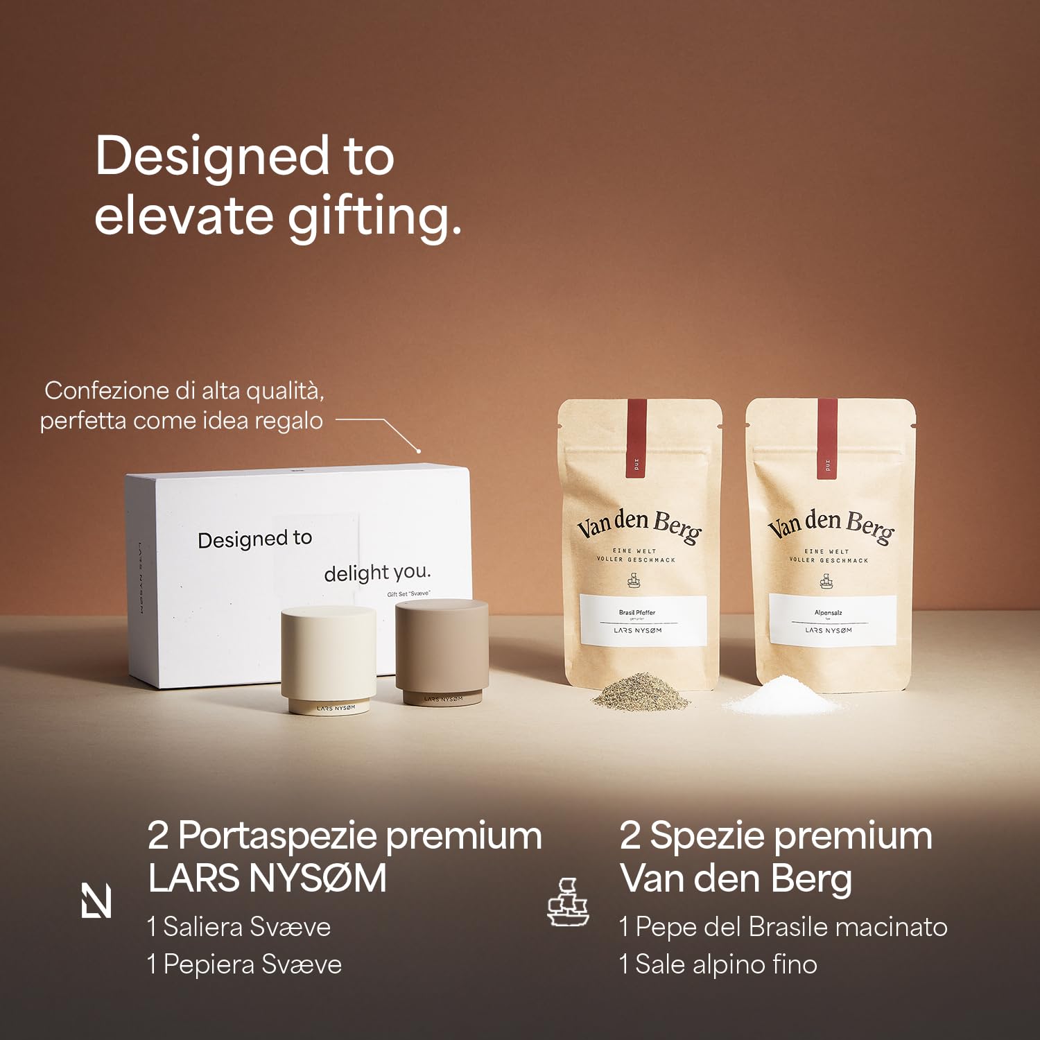 LARS NYSØM Set regalo con saliera e pepiera & spezie - Mini saliera e pepiera di design con il miglior sale alpino e pepe del Brasile in un'attraente confezione regalo (Carbon Black)