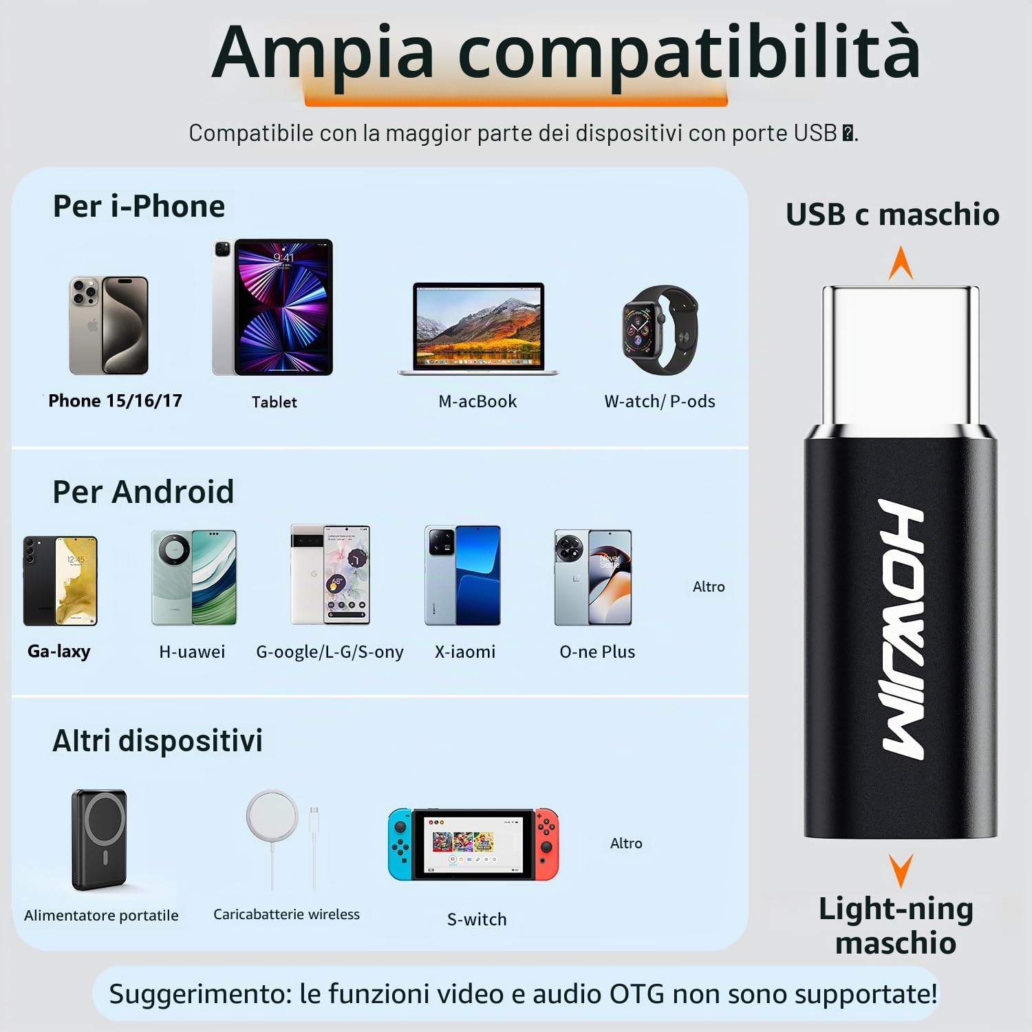 Adattatore Lightning a USB C 2 Pezzi PD27 66W Ricarica Rapida Trasmissione Dati per iPhone 17/16/15 Pad Galaxy Xperia Nero