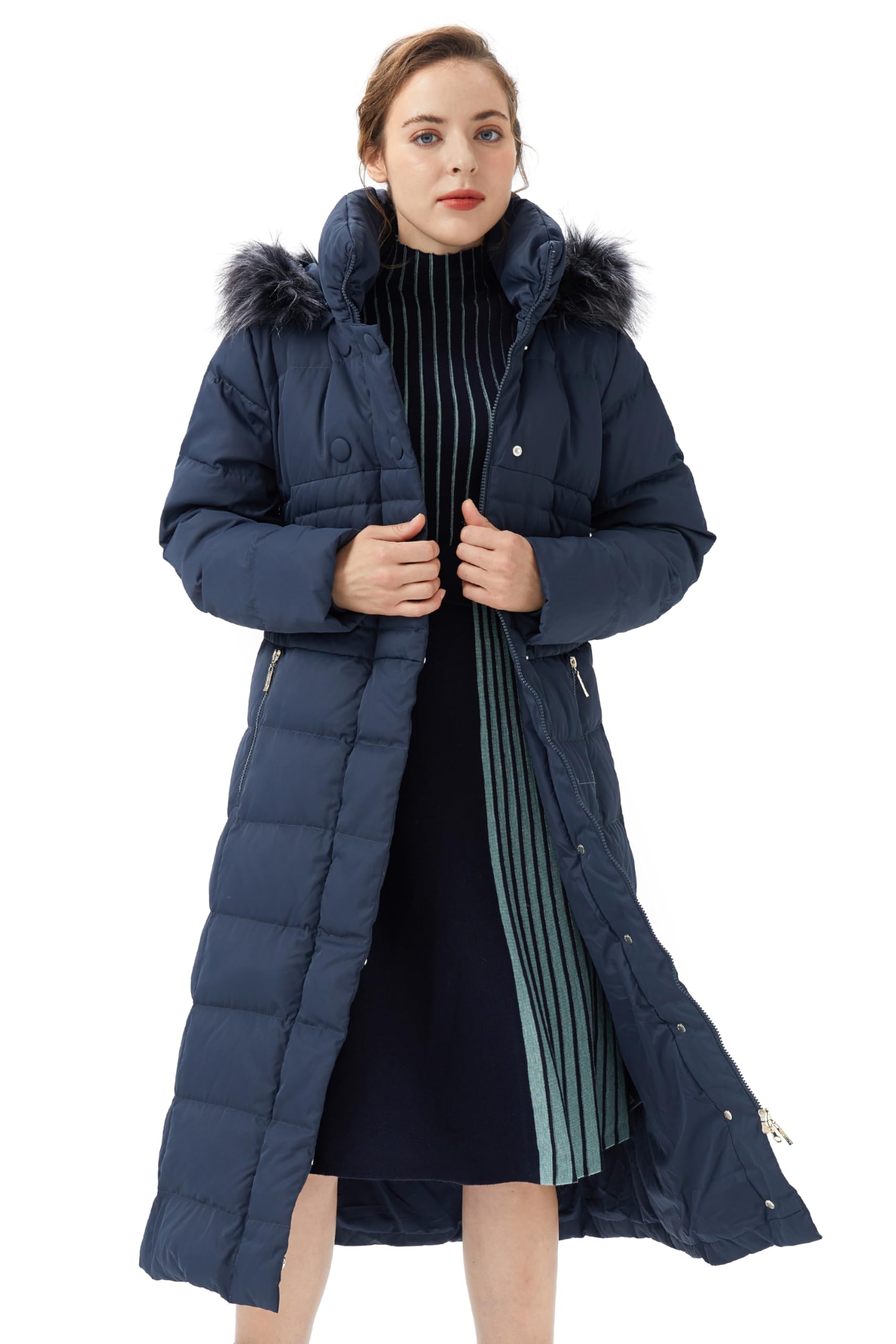 Women Warm Down Jacket with Hood Fur Long Puffer Coat Brown