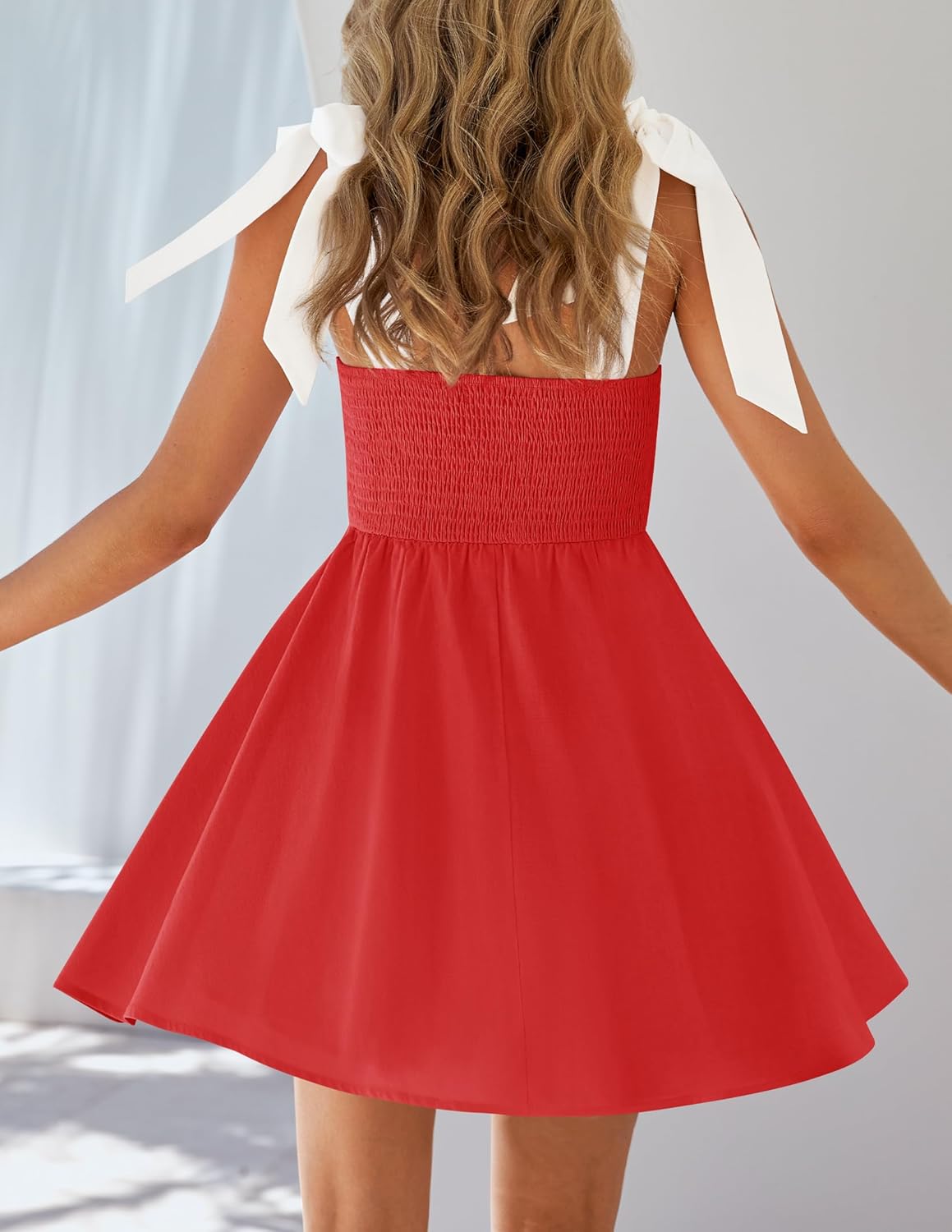 ZESICA Womens Summer Sleeveless Mini Dress Tie Shoulder Square Neck High Waist Swing A Line Short Sundresses - Image 4