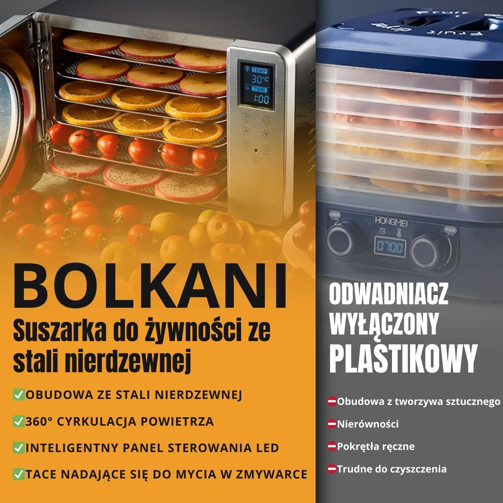 suszarka do żywności ze stali nierdzewnej, 6 tacek, 500 W, wyświetlacz LED, 20 – 90 °C, 24-godzinny timer, cicha praca, łącznie z tacką ociekową i matą osuszającą do owoców i mięsa