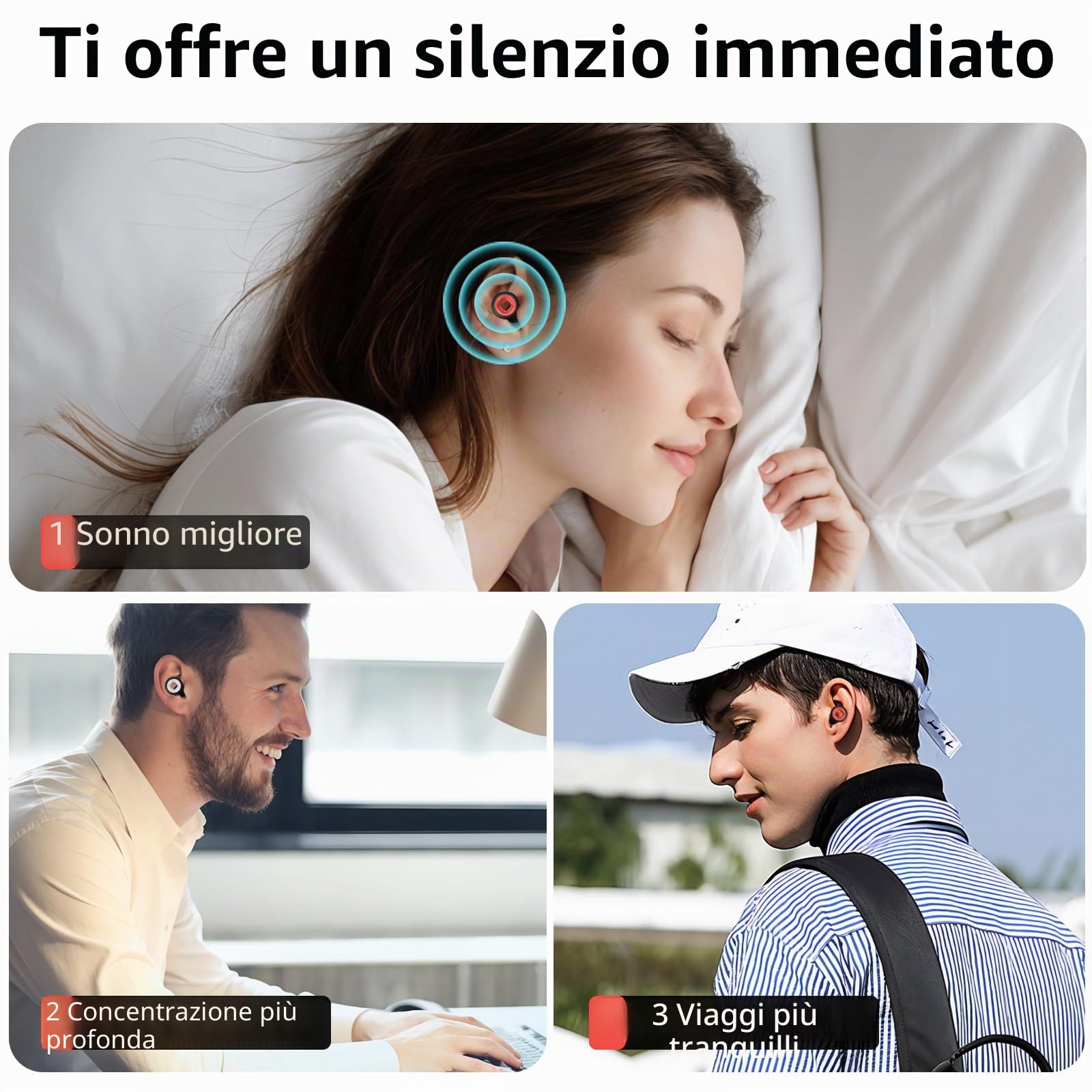Tappi per orecchie da 28 dB per dormire, 2 paia riutilizzabili in morbido silicone per moto, sonno e concerti, anti-rumore con 8 punte, nero/rosso e nero/bianco