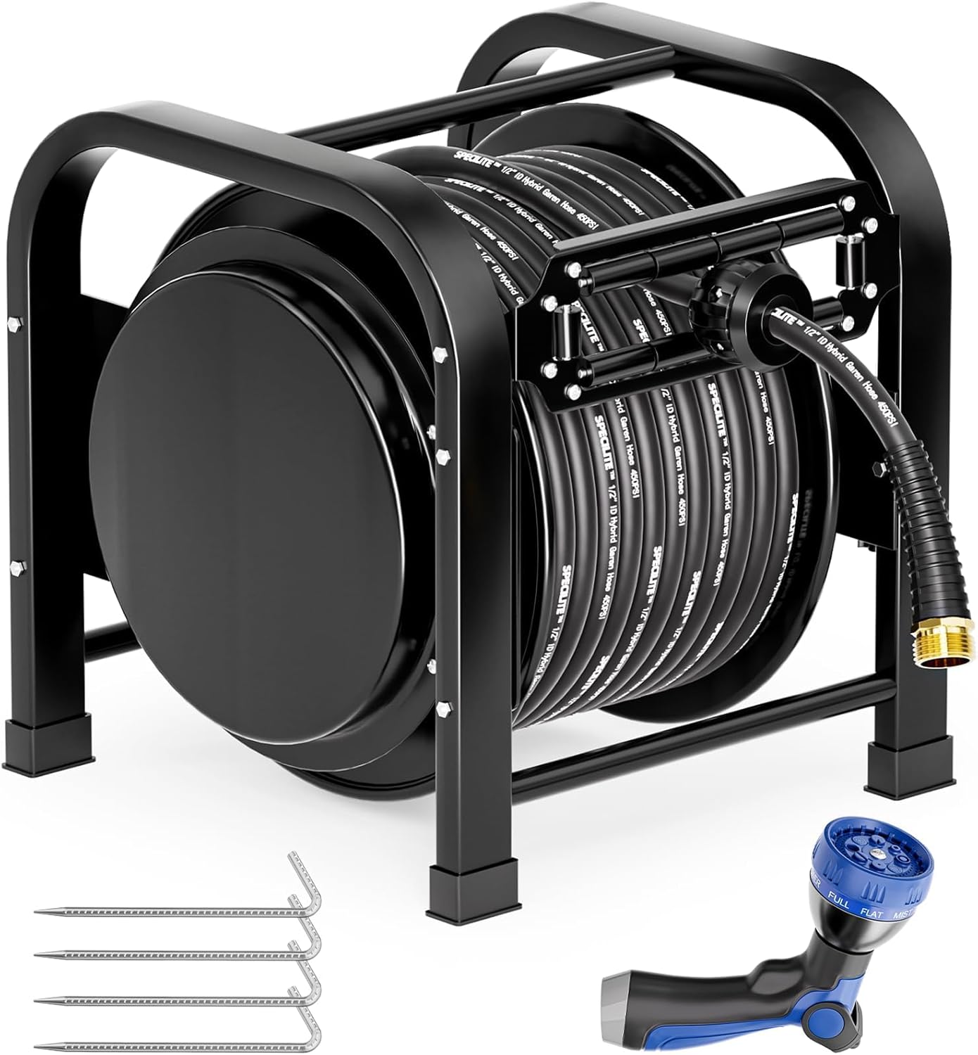 SPECILITE Retractable Hose Reel with 1/2'' x 100FT Garden Water Pipe, 1200 PSI, UV Resistant Heavy Duty Industrial Metal Freestanding Spool, 6' Lead-in, Sprayer Nozzle for Garage, Yard, and Workshop