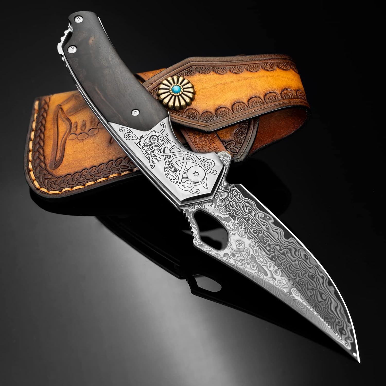 NedFoss Damascus Pocket Knives for Men, Handmade Forged VG10 Damascus Steel Folding Knife with Leather Sheath, Sandalwood Handle, Pocket Clip, Cool Knives Gifts for Men EDC (PTEROSAUR