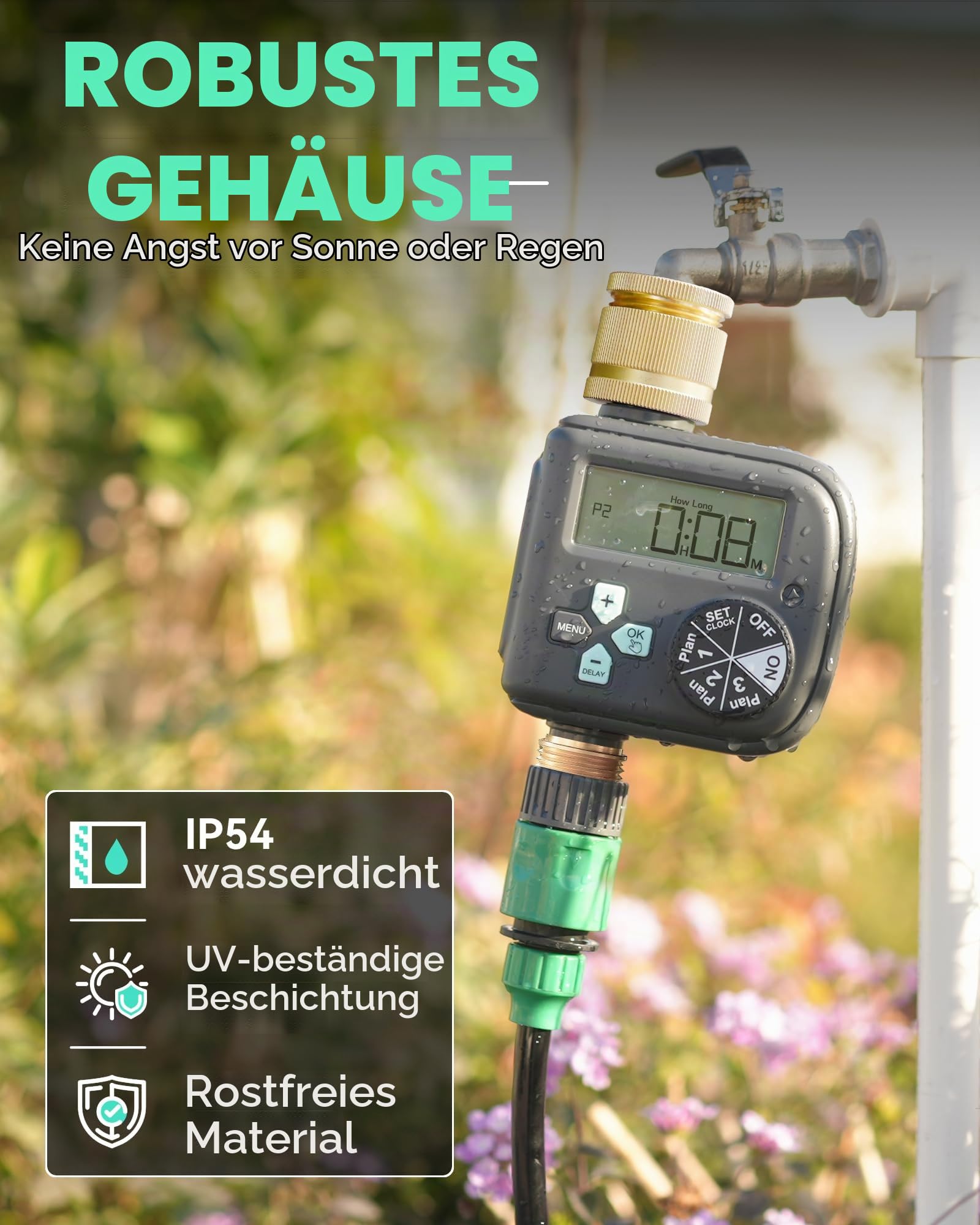 RAINPOINT Bewässerungscomputer mit Messing-Einlass und -Auslass, Wasserzeitschaltuhr mit 3 Zeitplänen, Automatische Bewässerung, Programmierbar nach Woche/Intervallstunden & Tagen, für Rasen, Garten