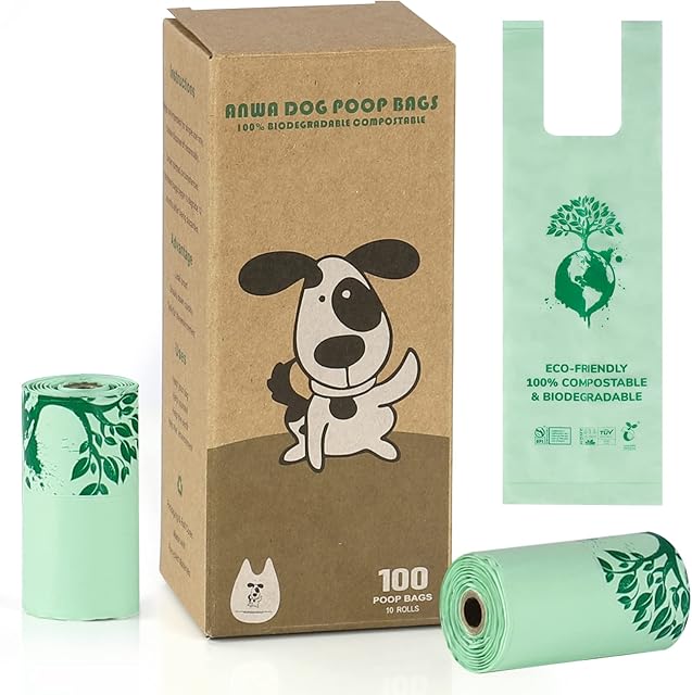 ANWA 100% Biodegradable Dog Poo Bags with Tie Handles, Compostable Dog Poo Bags with Handles Extra Thick Leak Proof, Corn Starch Unscented Dog Poop Bags with EN13432 Certification ASTM D6400 Standards