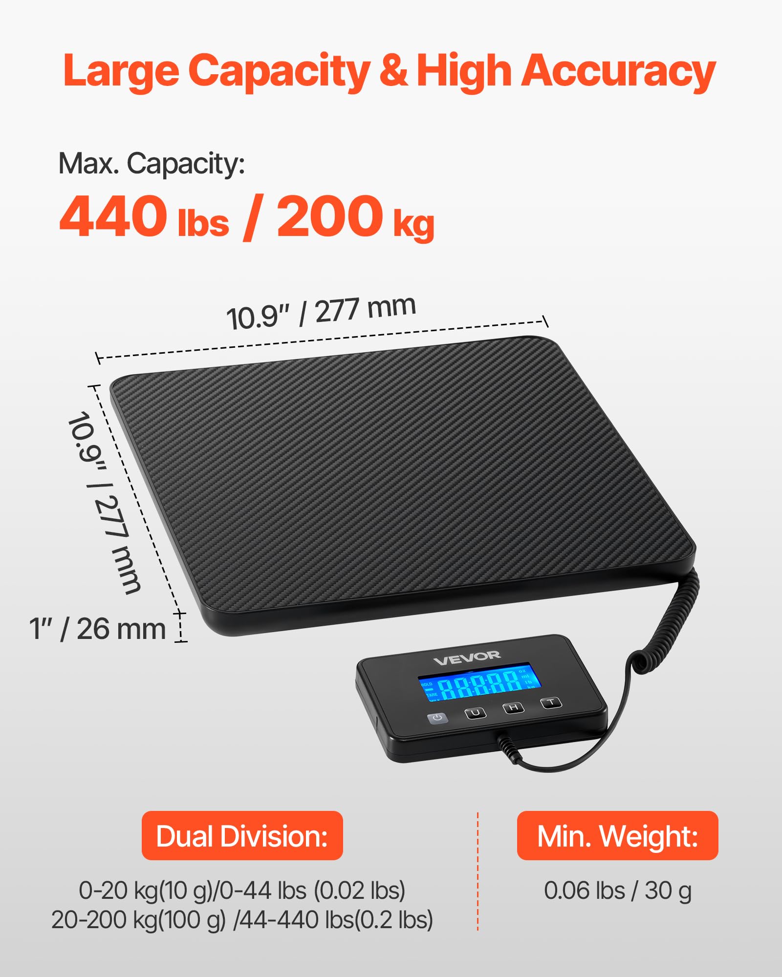 VEVOR Báscula Digital para Paquetes, 10/100 g, Doble Precisión, Plataforma de 200 kg con Función de Tara/Retención y Pantalla LCD, para Paquetes, Envíos y Equipaje, con Batería y Cable de Carga