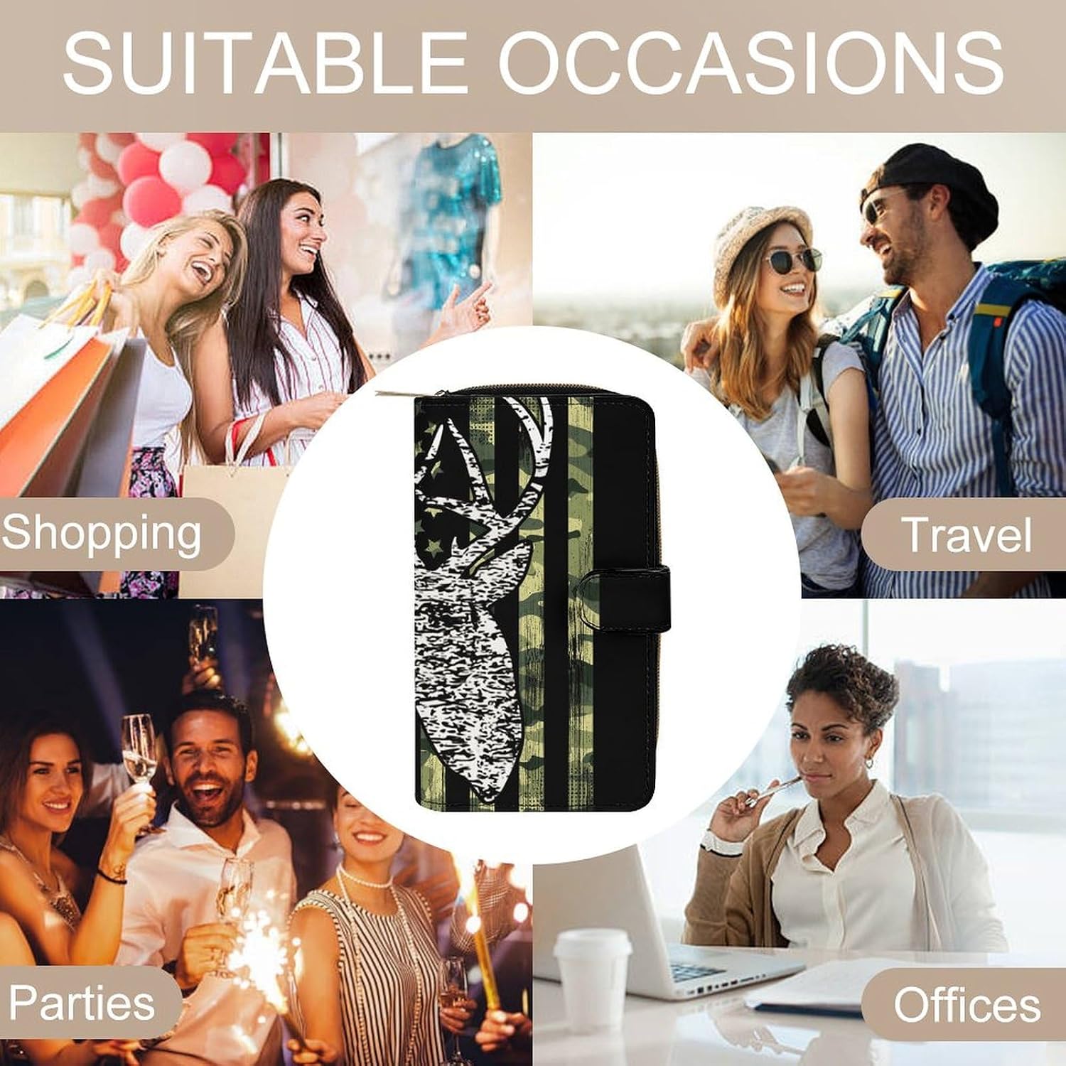 Deer Camo Camouflage American Flag Hunting Black Art Portable Leather Multifunctional Wallet