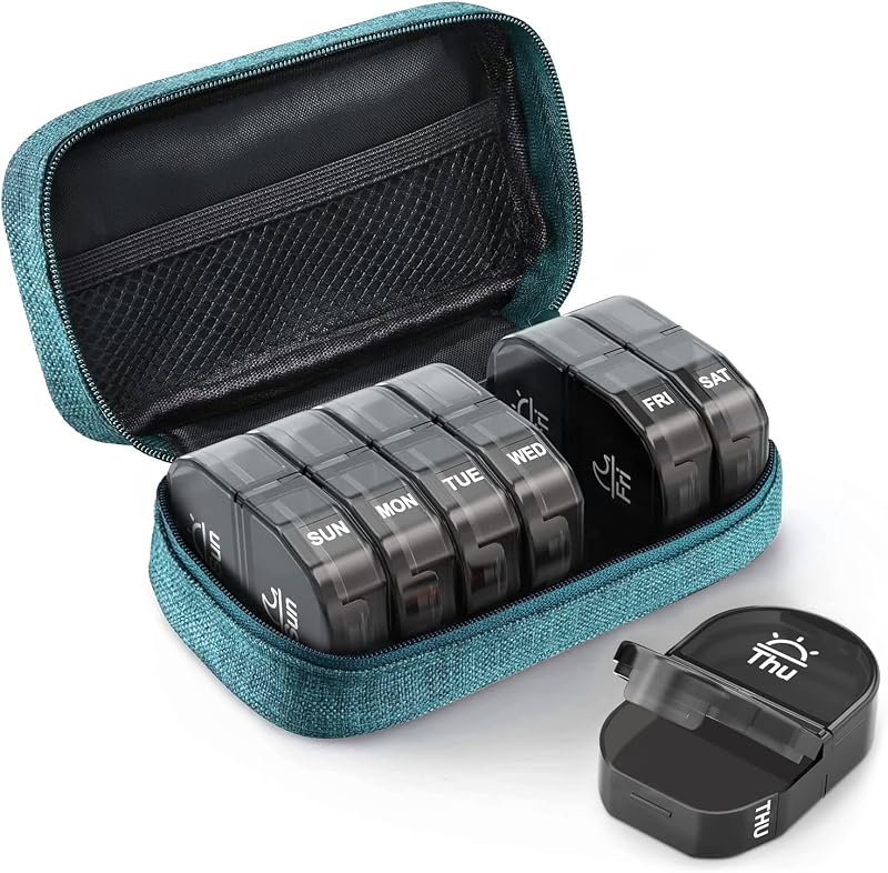 Canvas Bag Travel Pill Organizer 2 Times a Day, Large AM/PM Weekly Pill Box 7 Day Pill Case with Portable Cyan Zipper Cloth Bag for Holding Supplements, Vitamins and Fish Oils | Large Pill Organizer 2 Times a Day, Weekly Pill Box 7 Day for Supplements, Vitamins and Fish Oils, Travel Pill Case, Cyan