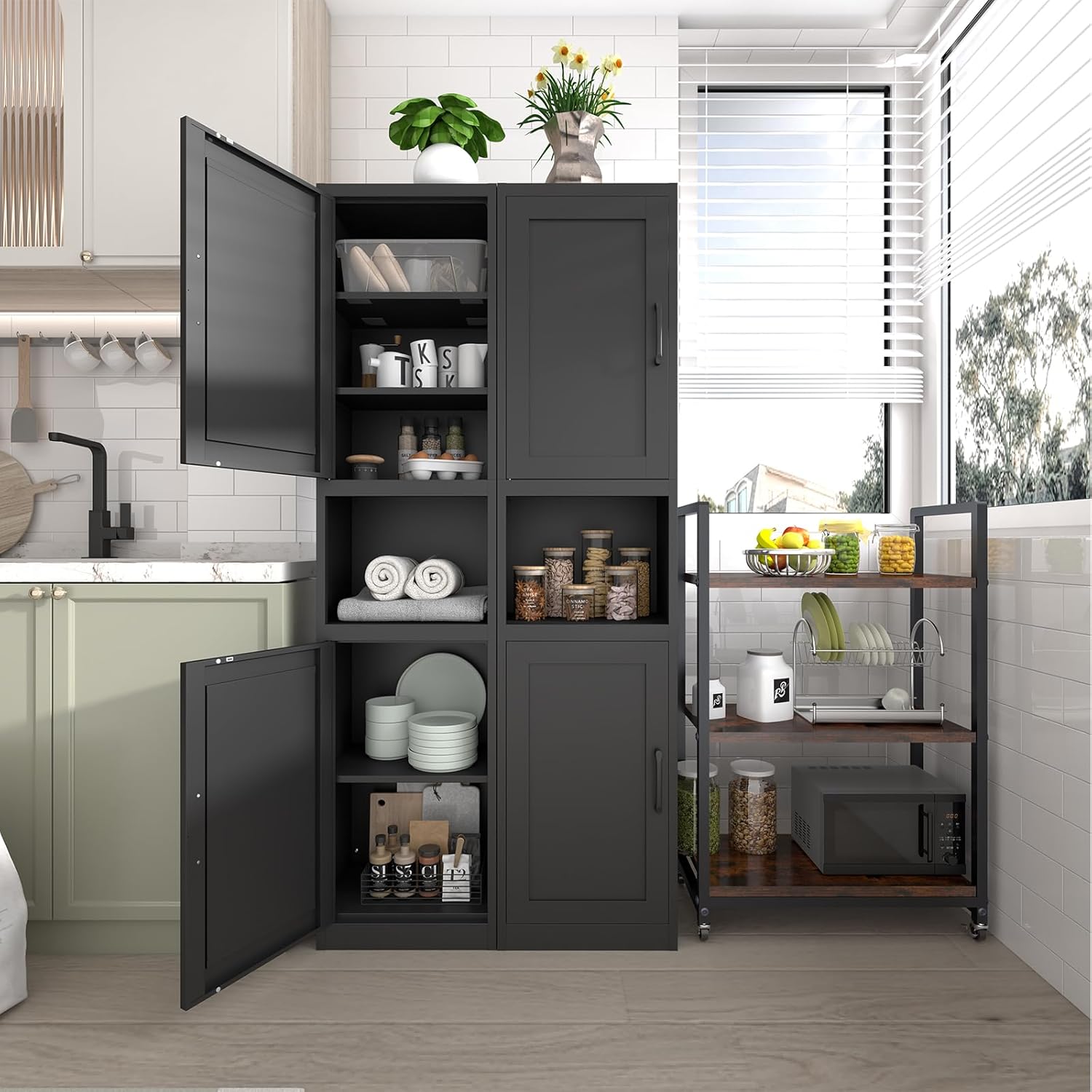 67" Tall Bathroom Storage Cabinet, Metal Narrow Storage Cabinet with 2 Doors & 6 Shelves, Slim Skinny Cabinet for Linen, Pantry, Kitchen, Living Room & Home Office, Black (15.7" W)