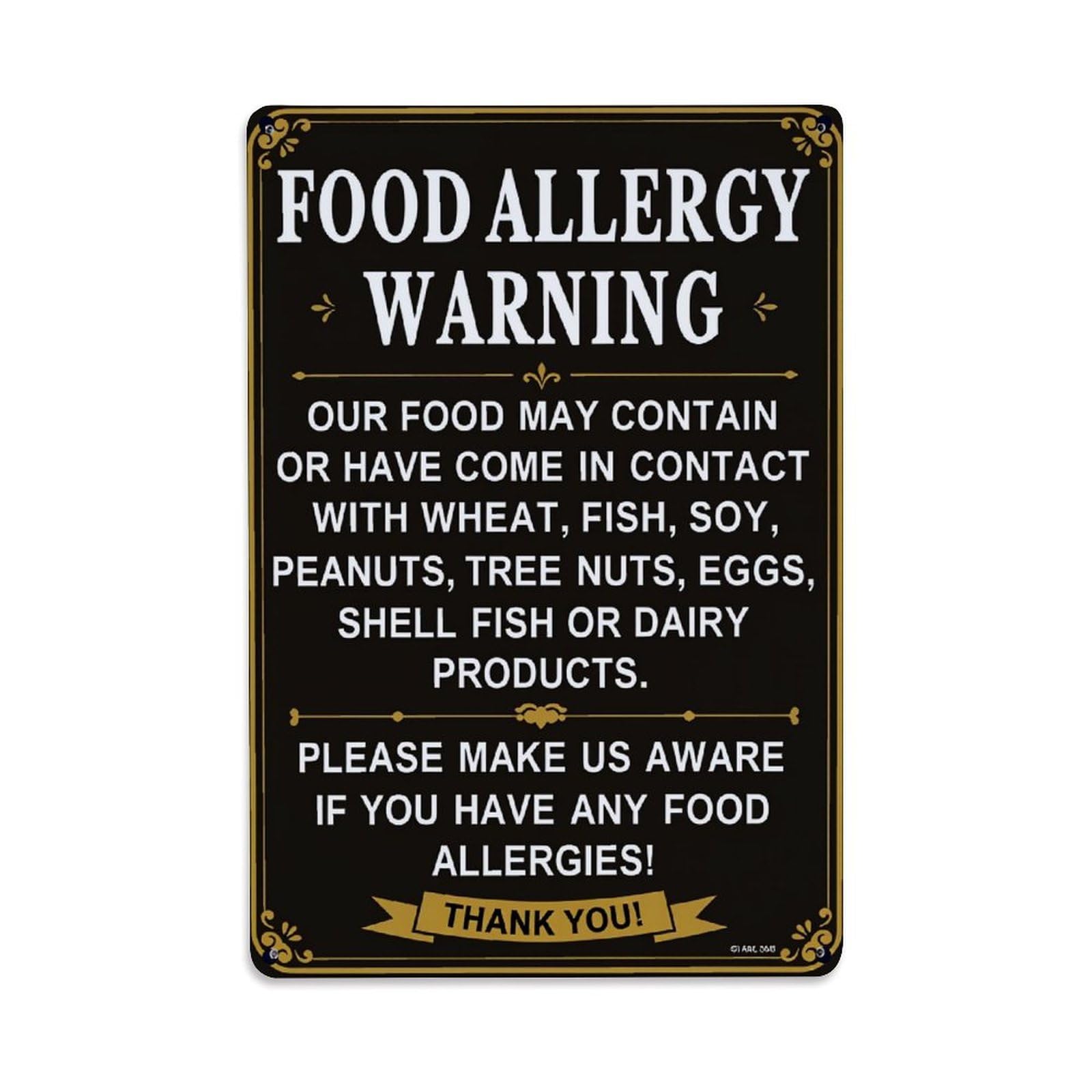 Enderetf Vintage Food Allergy Warning Sign Tin Sign Metal Poster, Home Bar Garage Man Cave Cafe Indoor & Outdoor Wall Decoration 8X12inches