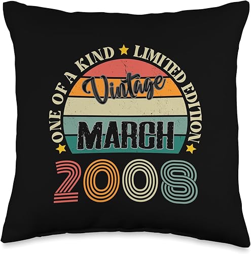 16 Year Old Vintage March 2008 16th Birthday Retro Throw Pillow, 16x16, Multicolor