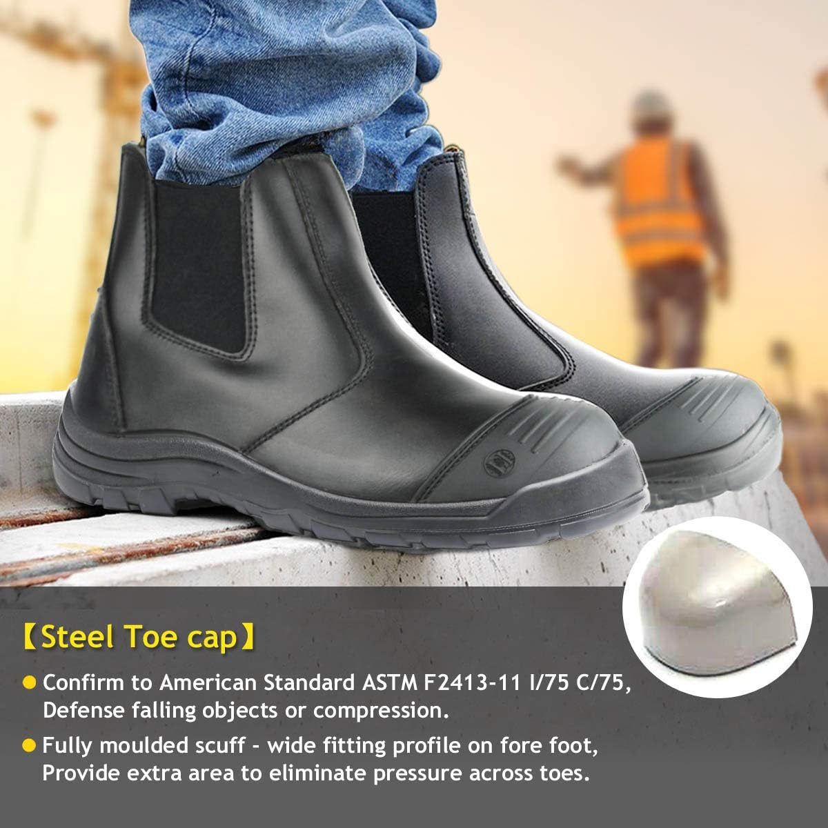 ROCKTURTLE Steel Toe Work Boots for Men, 6" Black Waterproof Slip on Safety Boot, Comfortable Slip Resistant Men's Working Shoes(812BLK/13)