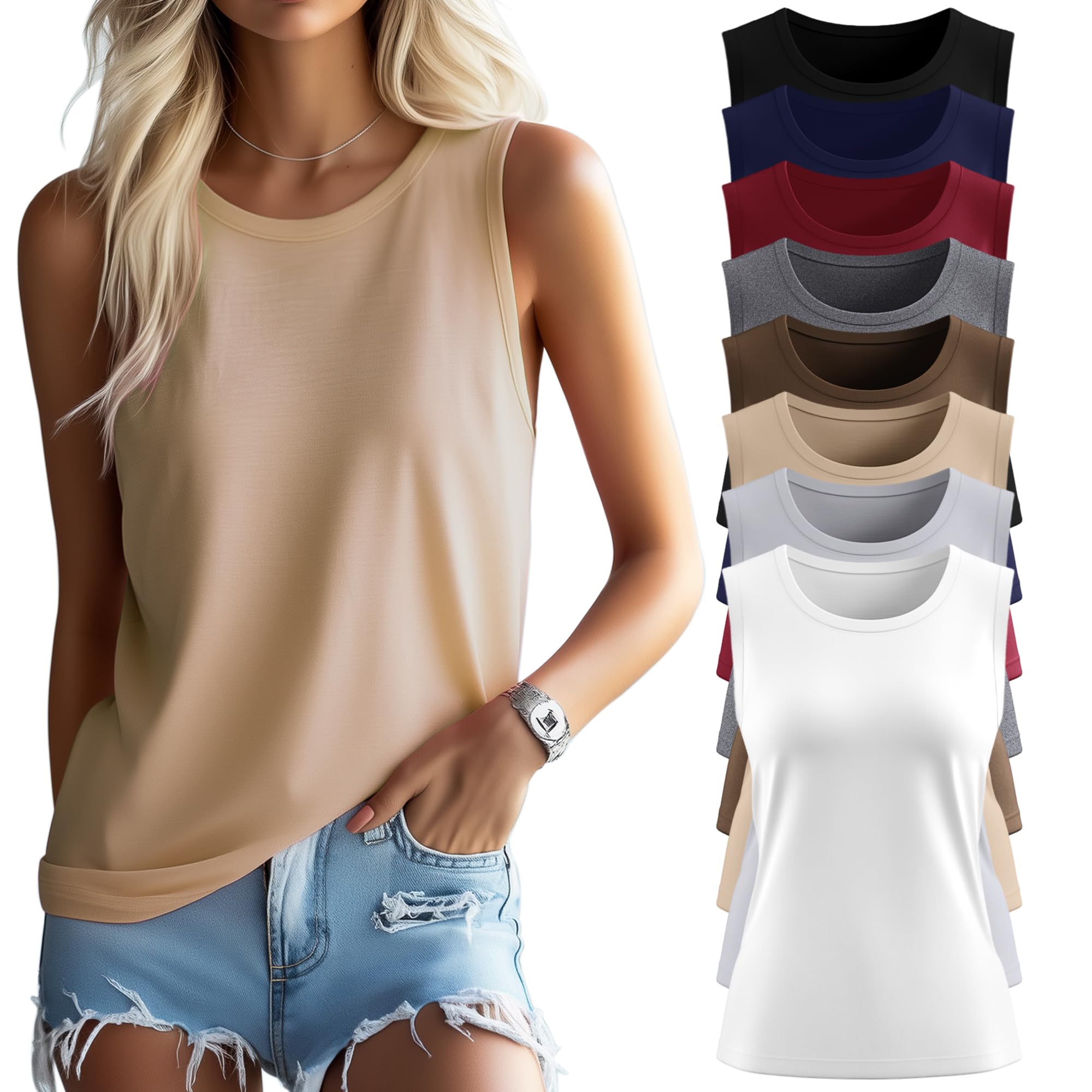Ficerd 8 Pack Women’s Sleeveless Tops, Crew Neck Loose Fit Tank Tops Basic Summer Trendy Shirts Casual Fashion T Shirts