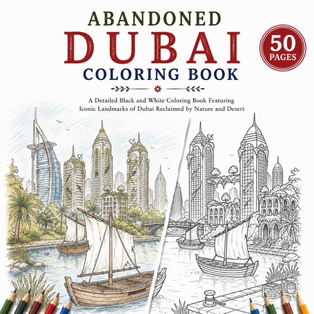 Abandoned Dubai – Post-Apocalyptic Coloring Book: A Detailed Black and White Coloring Book Featuring Iconic Landmarks of Dubai Reclaimed by Nature and Desert (Abandoned Worlds Coloring Book Series)