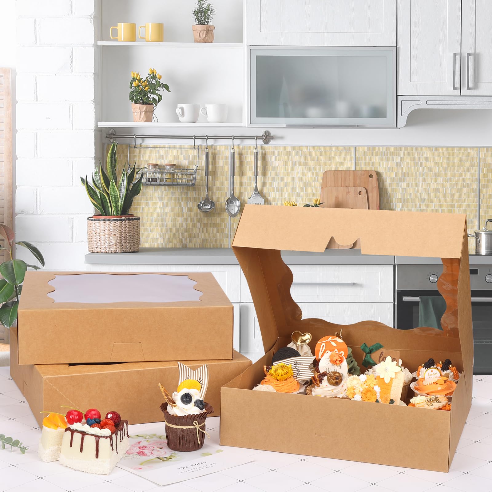 Moretoes 25 cajas para tartas, 12 x 12 x 3 pulgadas, cajas de panadería marrones con ventana para pasteles, día del padre, galletas, golosinas, postres, donas, magdalenas