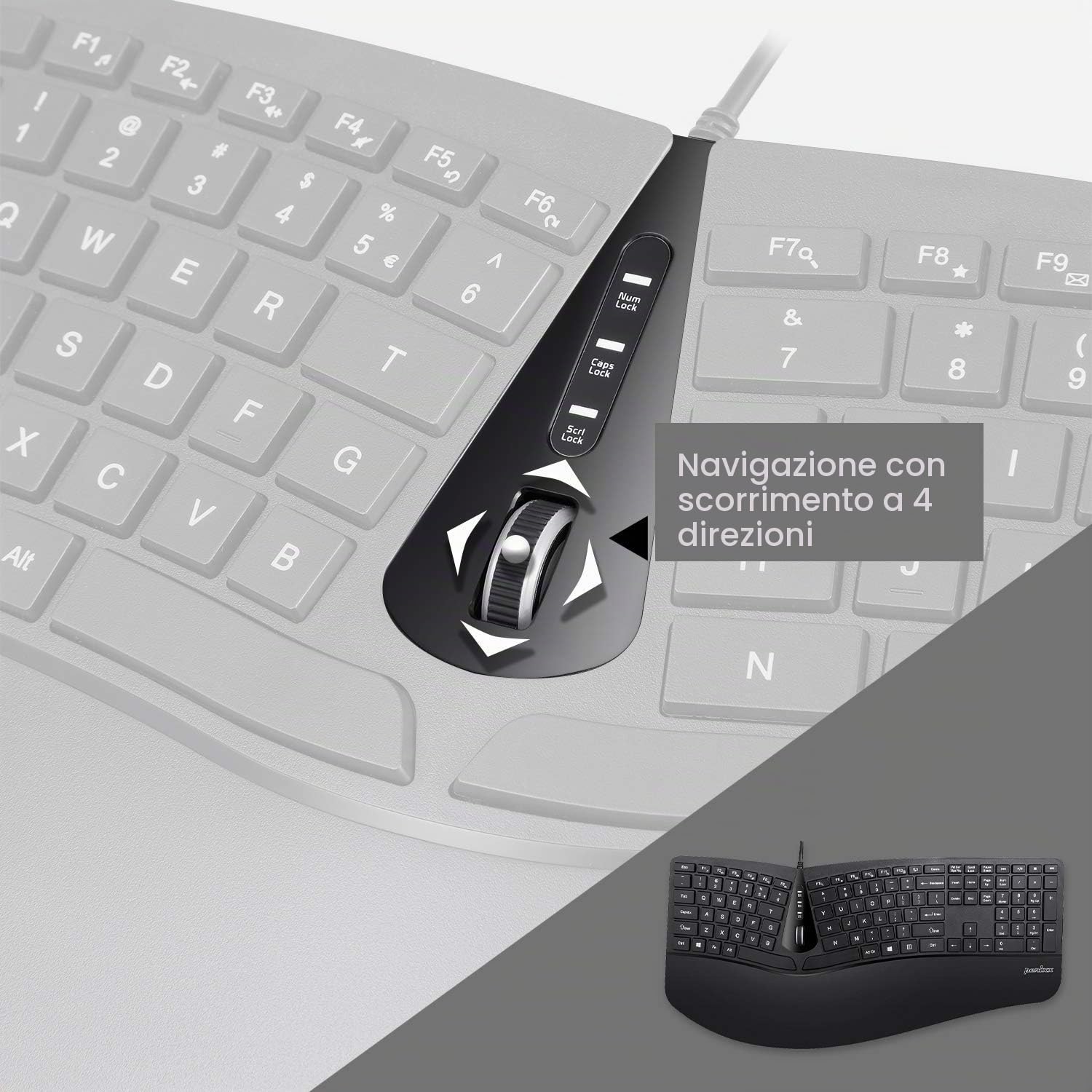 Perixx Periduo-505, Set Tastiera ergonomica con Mouse Verticale, 3D Design con Tasti divisi e Rotella di Scorrimento inclinazione, poggiapolso Regolabile e Profilo ribassato, US Inglese Layout