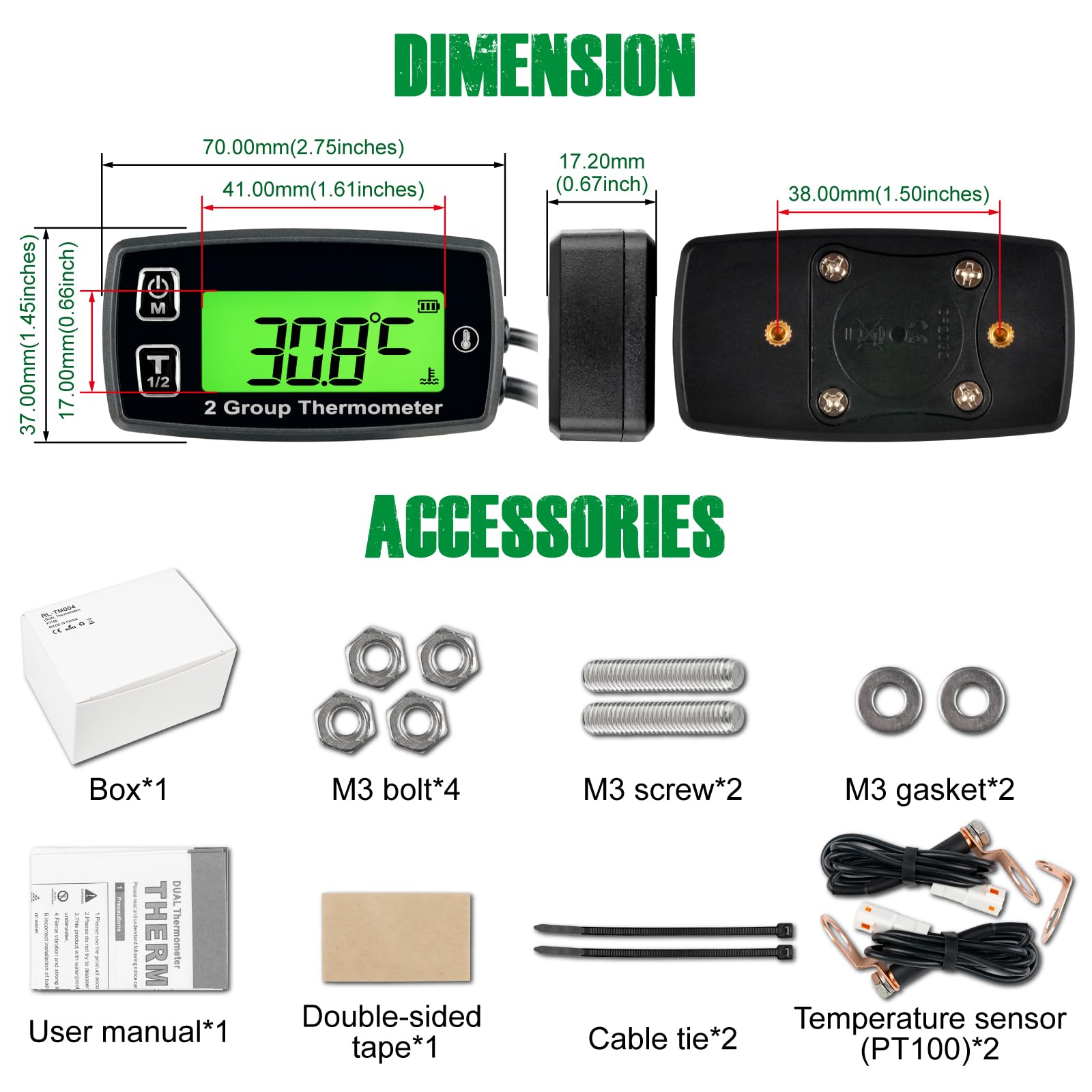 YOOREAL Digitale LCD Motore Temp Gauge, Doppia Registrazione Della Temperatura, Retroilluminazione Verde, Batteria e Alimentatore Esterno per Tosaerba Generatore Trattore Moto Dirtbike
