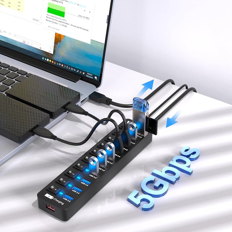 VEMONT 11 portos USB 3.0 hub tápegységgel, egyedi kapcsolókkal és 1,2m kábellel