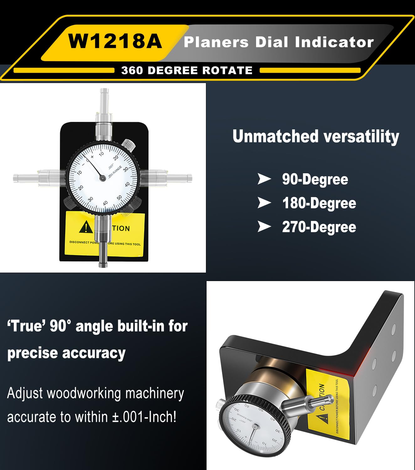 W1218A Planers Dial Indicator 360 Degree Durable Powerful Magnetic Base for Planers Jointers Woodworking Set Up Easy Height Gauges Accurate ±.001-Inch, Replace# W1218A