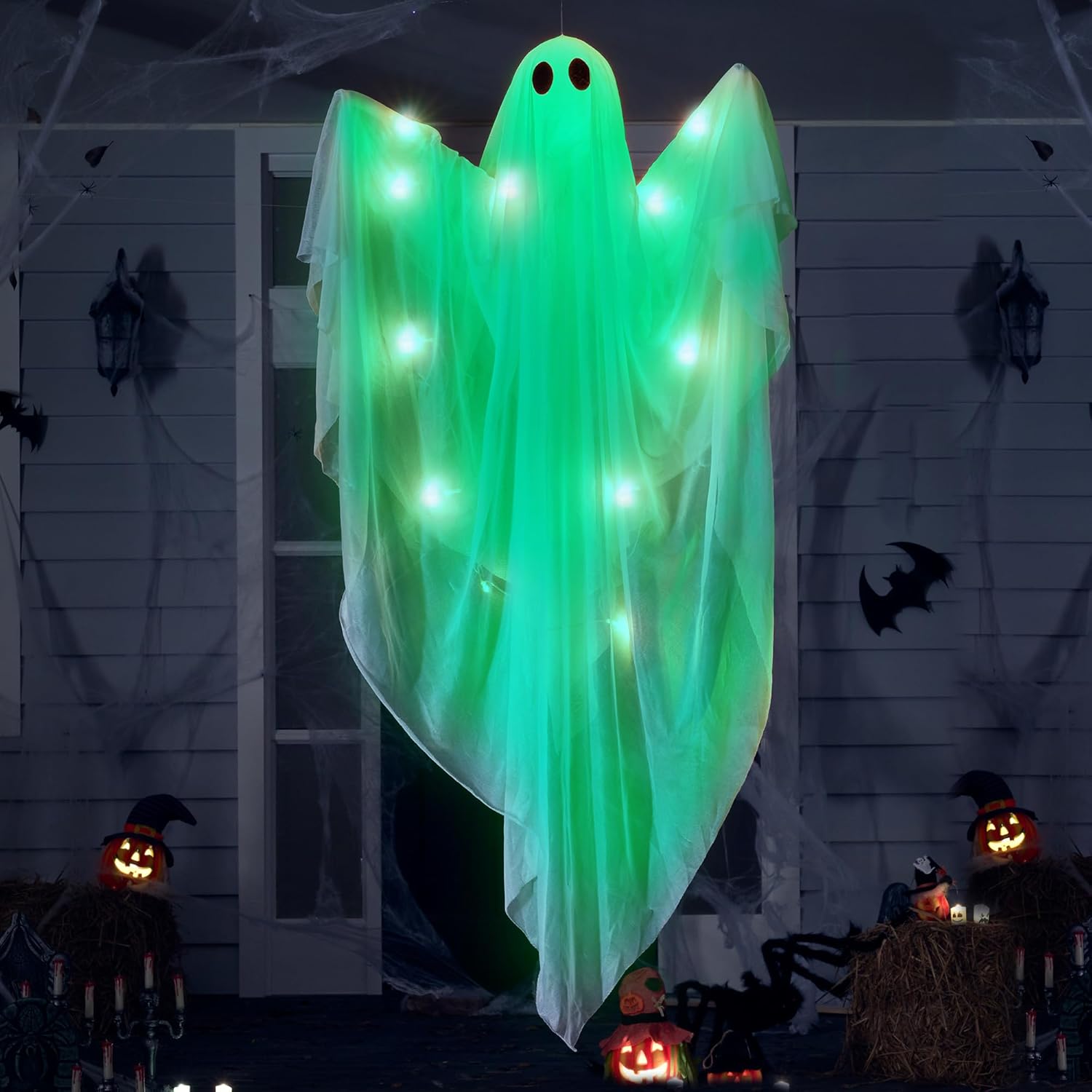 JOYIN Halloween Hanging Light up Ghost with Spooky Green LED Light, 47” Halloween Hanging White Ghosts Decoration for Front Yard Patio Lawn Garden Party Decor Indoor Outdoor Green Ghost