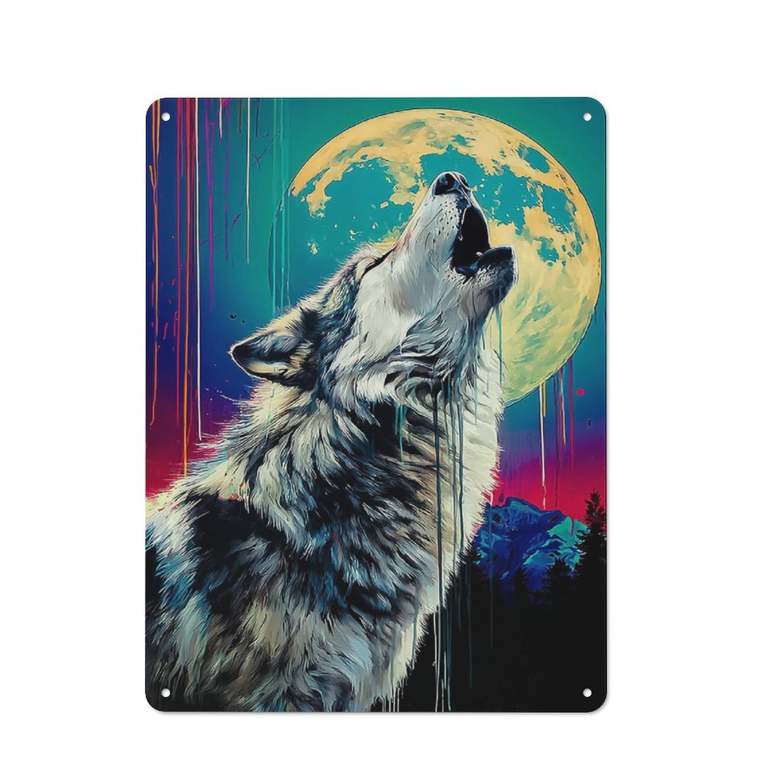 Junmoney Howling Wolf Under Full Moon -1 Retro Metal Sign 40X30cm Featuring Home Bar Decor For Pub, Home Bar, Shed Or Man Cave