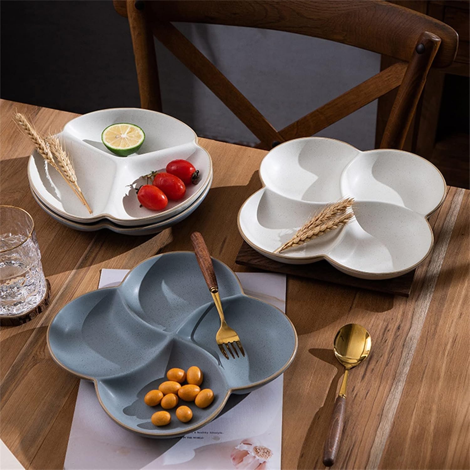 Weight Management Tableware - 8.6“ Rustic 4 Section Compartment Divided Plates Ceramic Quantitative Fat Loss Plate for Balanced Eating - 1Pc (Color : Beige)