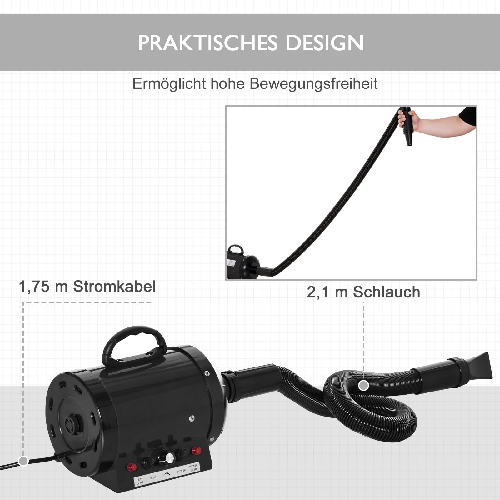 Pawhut Profi Hundefön Tierfön Pet Dryer Flüsterfön Hundetrockner 2800W Metall Schwarz 40 x 16 x 20 cm