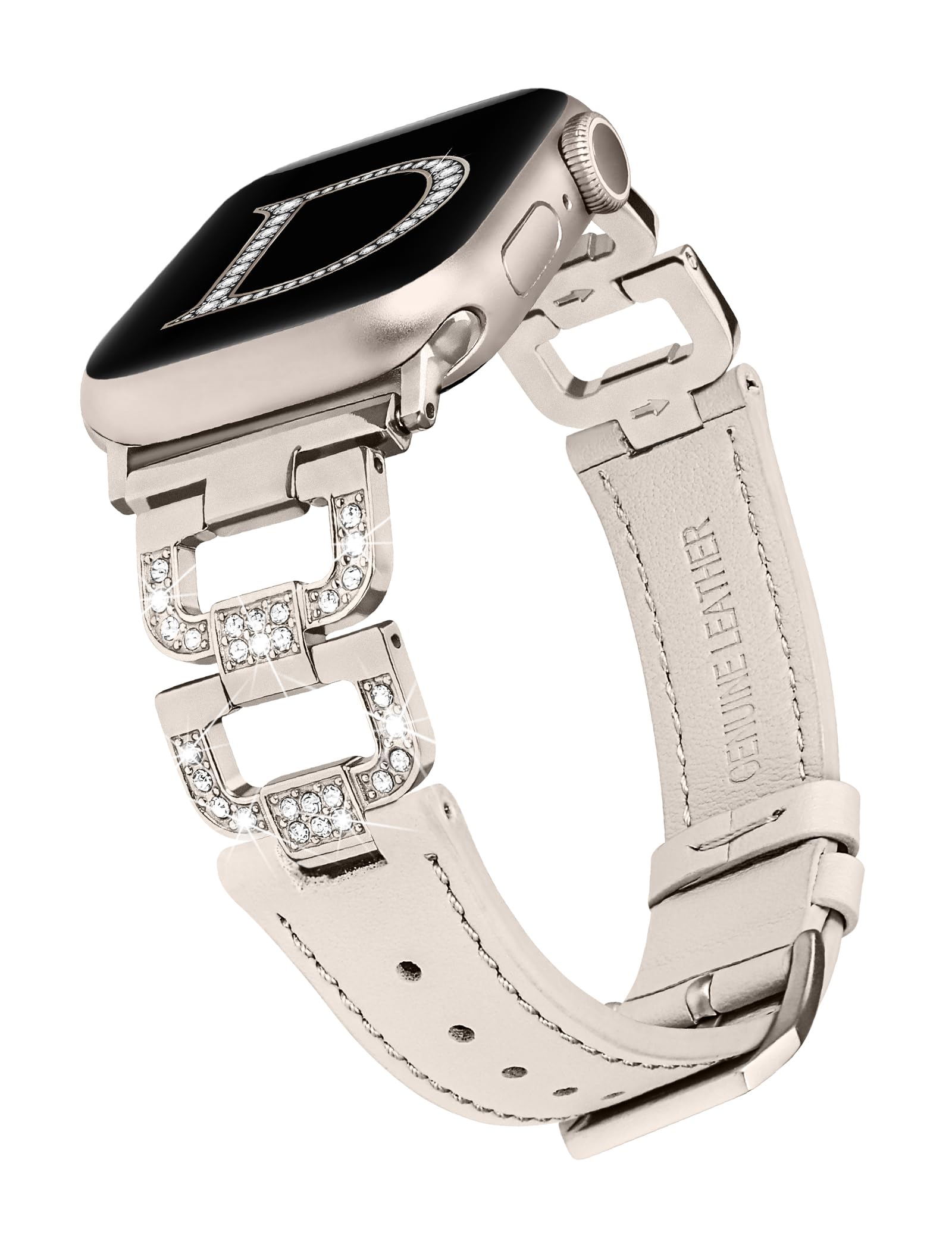 Wearlizer Leather Band Compatible with Apple Watch Bands 41mm 40mm 38mm 44mm 45mm 42mm 49mm Ultra 2 Women, Dressy Fancy Bling D-Shape Diamond Leather Strap for iWatch Bands Series 9 8 7 6 5 4 3 2 1 SE