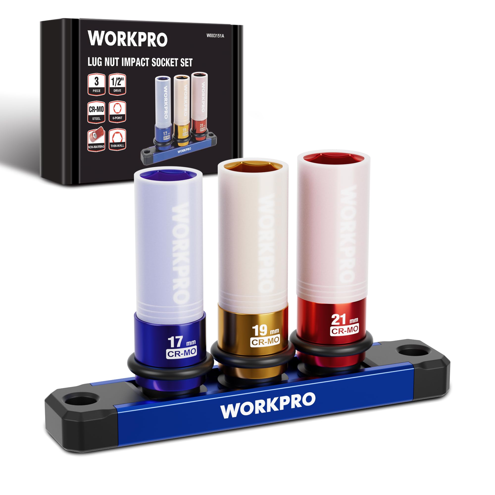 Workpro 1/2" Drive Impact Socket Set For Lug Nuts, 3-Piece 17Mm 19Mm 21Mm Protective Wheel Nut Sockets With Rail, Cr-Mo Steel Non-Marring Wheel Socket Set For Car & Tire Repair