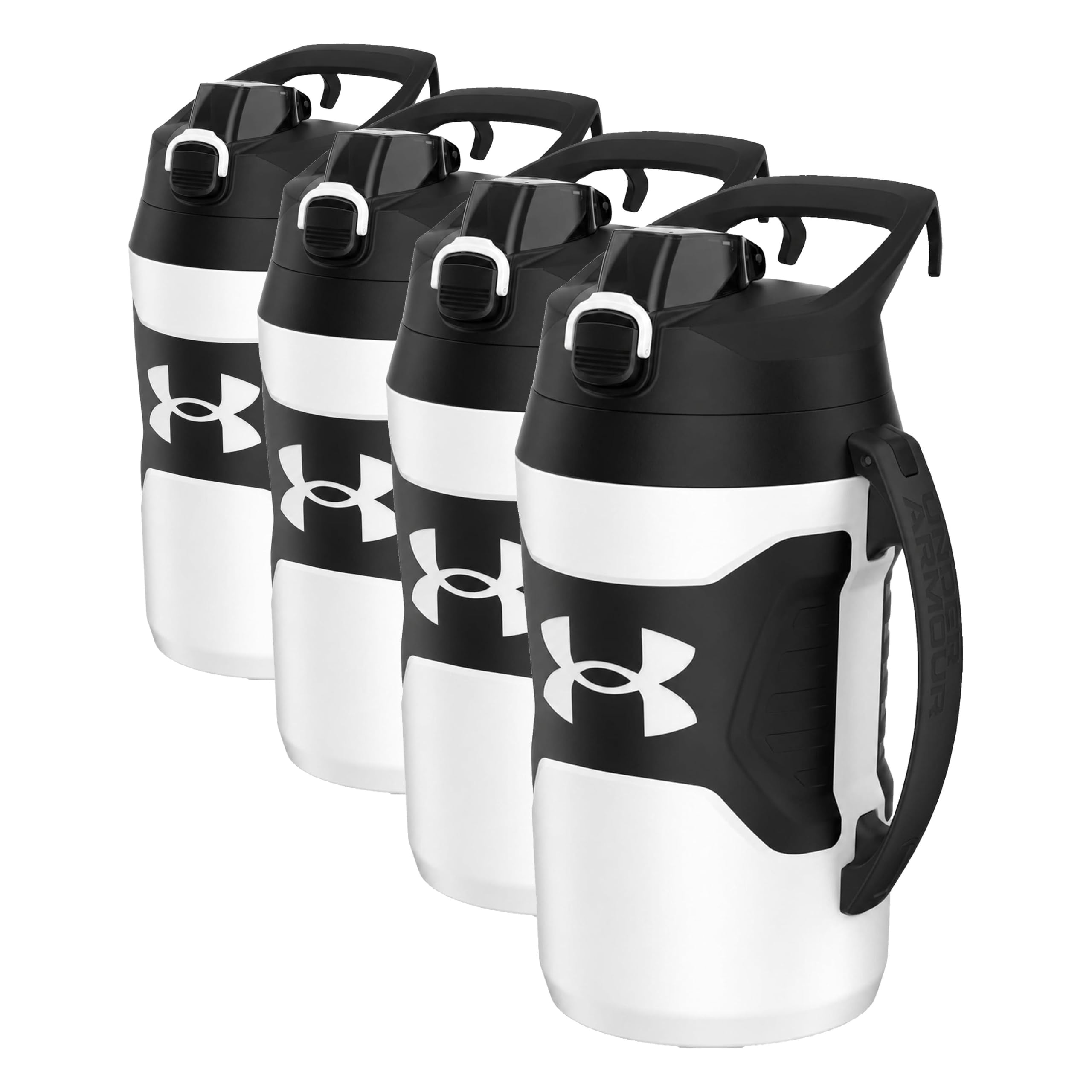 Under Armour Insulated Water Bottle with Handle &amp; Fence Hook, Half Gallon Sports Water Jug, Leak-Resistant &amp; BPA-Free for Baseball, Football_&amp; Gym - White/Black, 64 Ounces (Pack of 4)