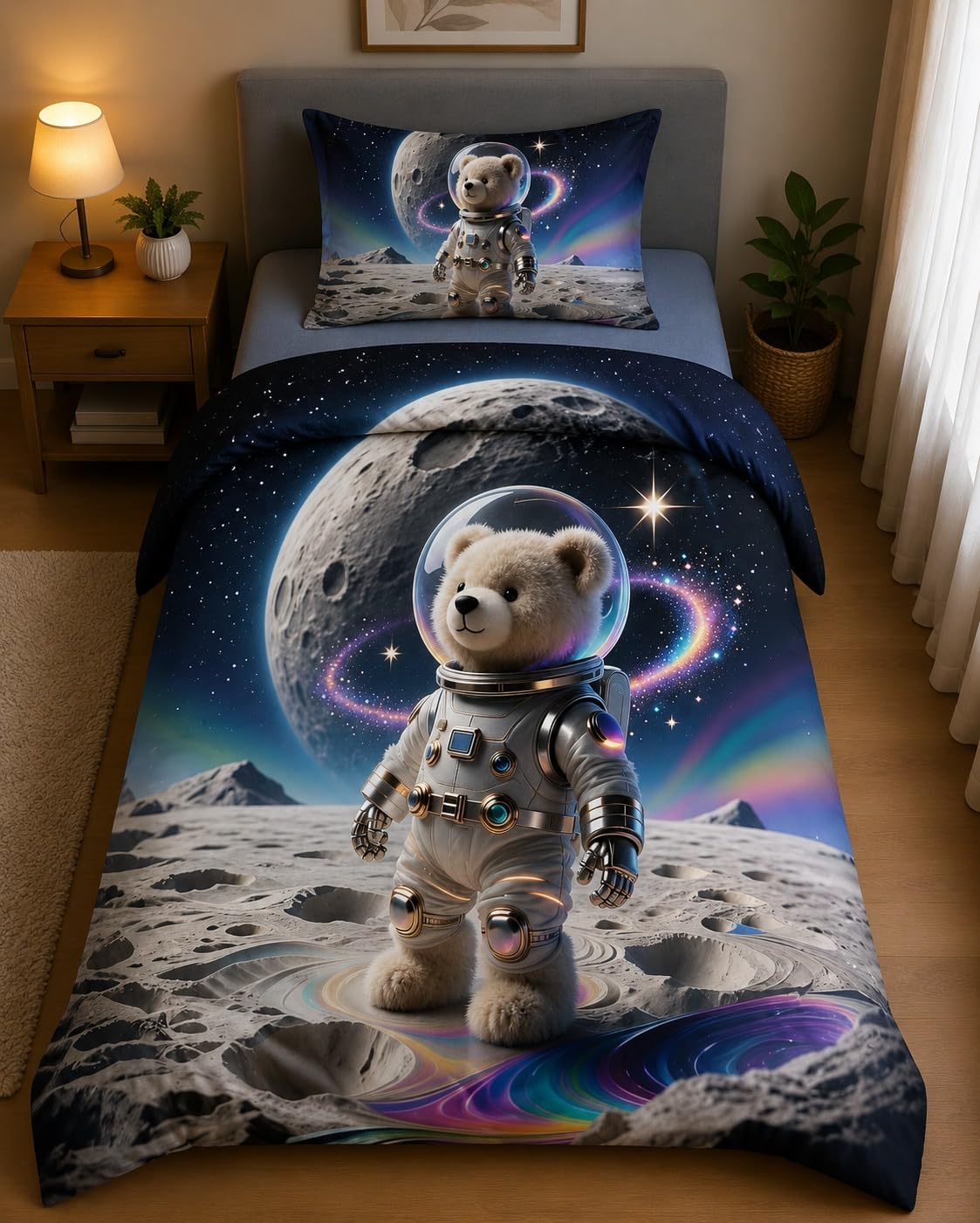 180TC Glace Cotton 7D Kids Digital Panel Print Flat 1 Single Bed Sheet with 1 Pillow Cover (60x90Inch) Teddy Astronaut-image-21